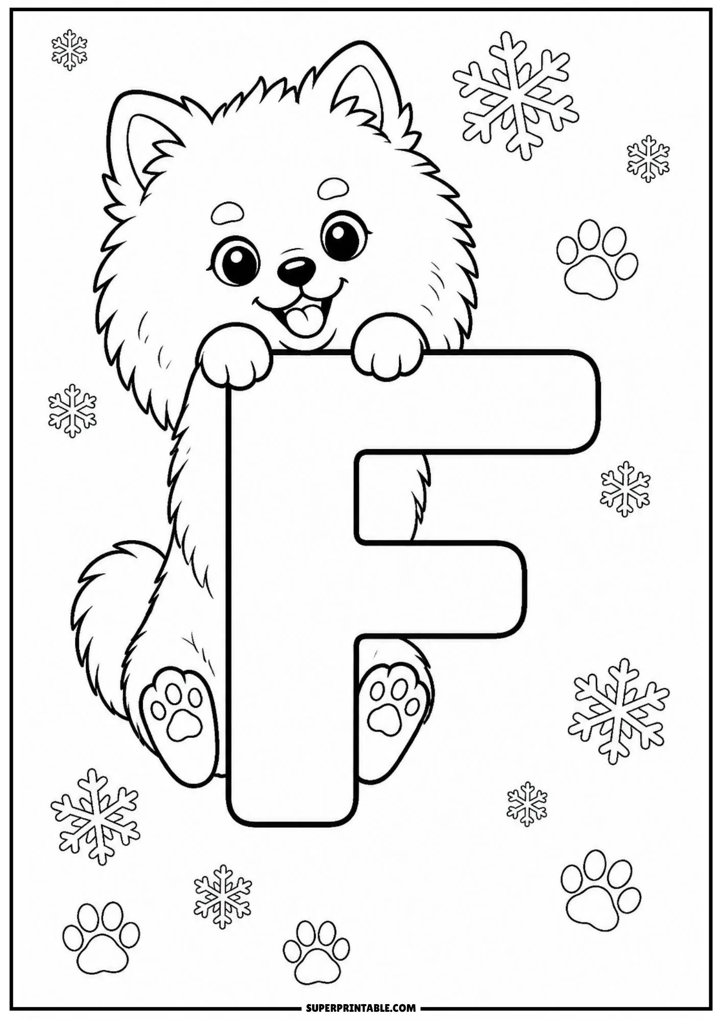 Playful Pomeranian puppy hugging a capital letter F winter coloring page.