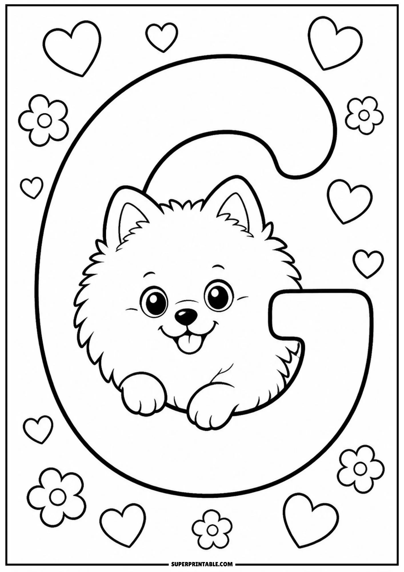 Happy Pomeranian looking out from inside a large letter G line art.