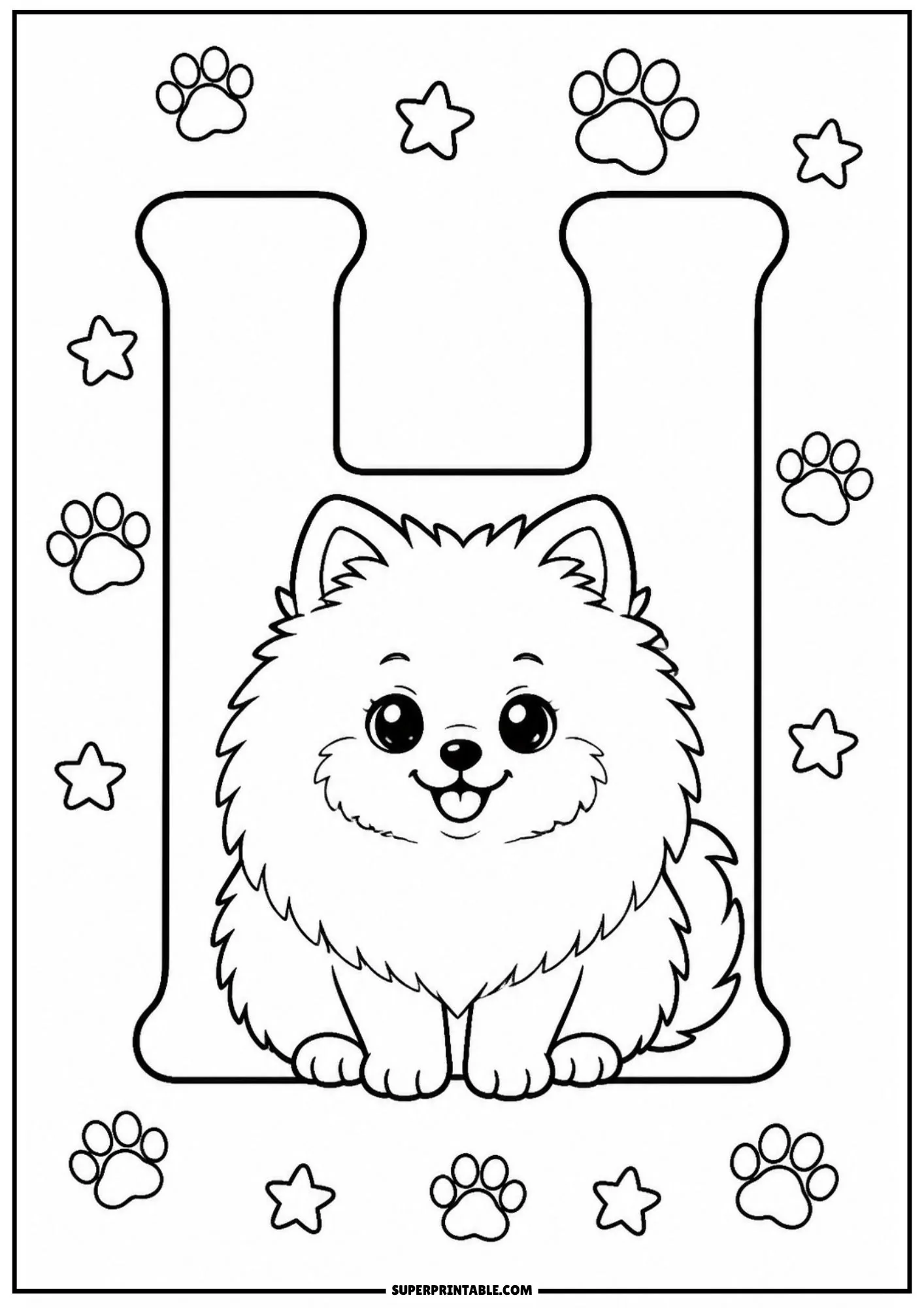 Charming Pomeranian pup seated within a large letter H outline drawing.