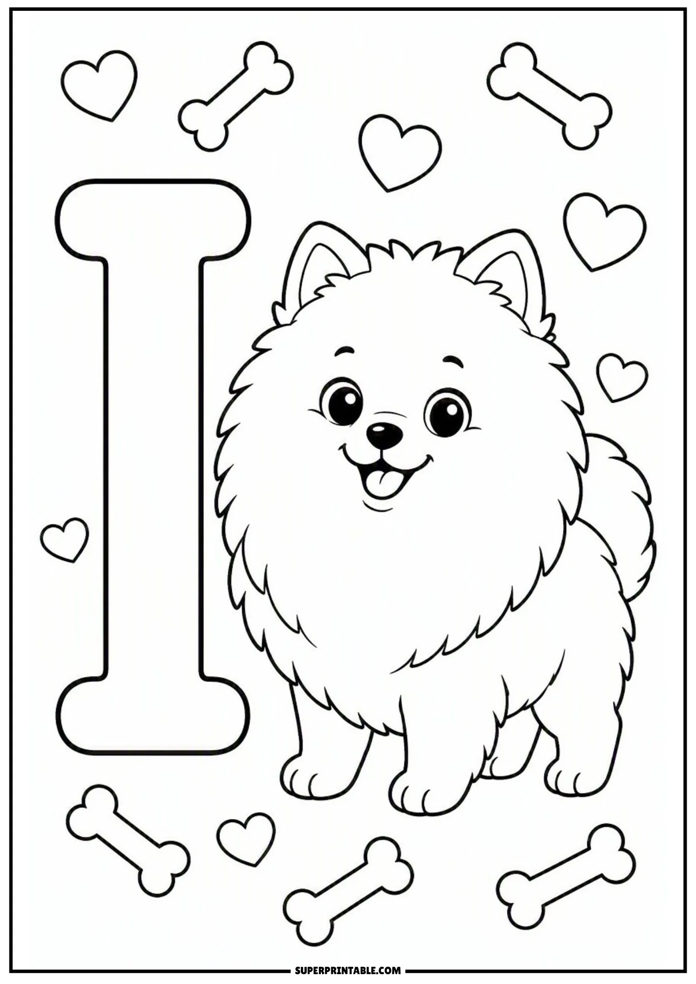 Pomeranian dog standing proudly beside a tall capital letter I outline.