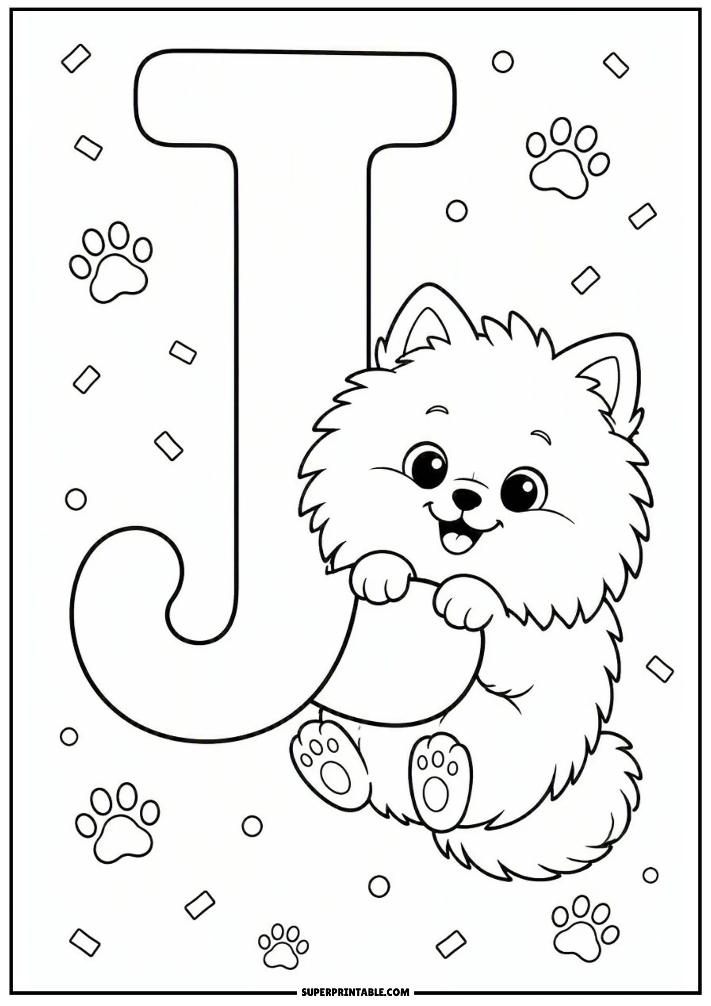 Playful Pomeranian puppy hanging on the curve of letter J line art.