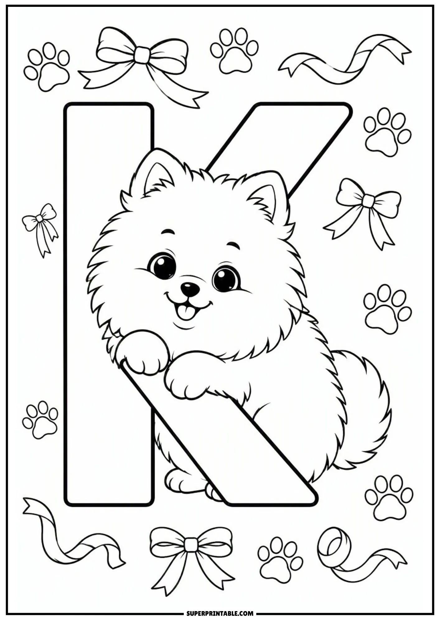 Cute Pomeranian leaning on letter K surrounded by decorative ribbons.