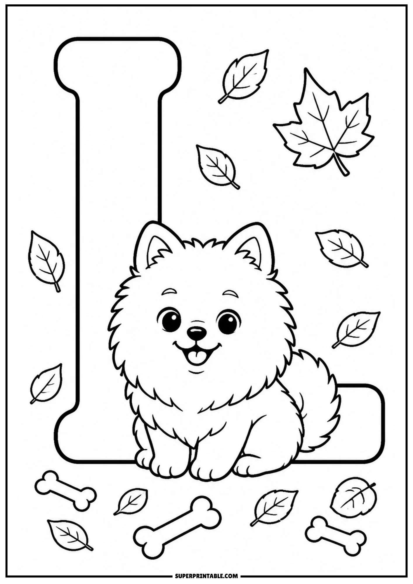 Smiling Pomeranian sitting on the base of letter L with autumn leaves.