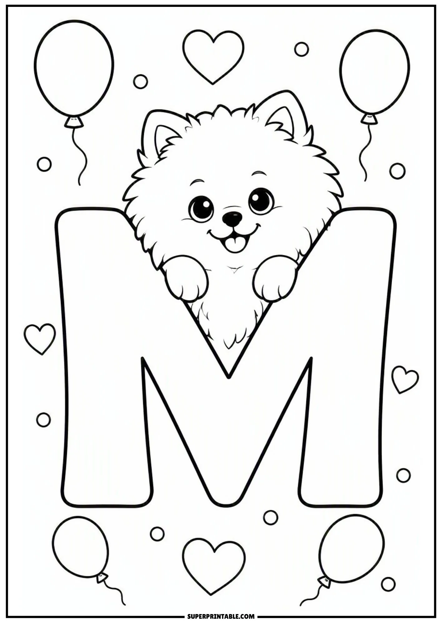Pomeranian puppy peeking from center of letter M with balloons.