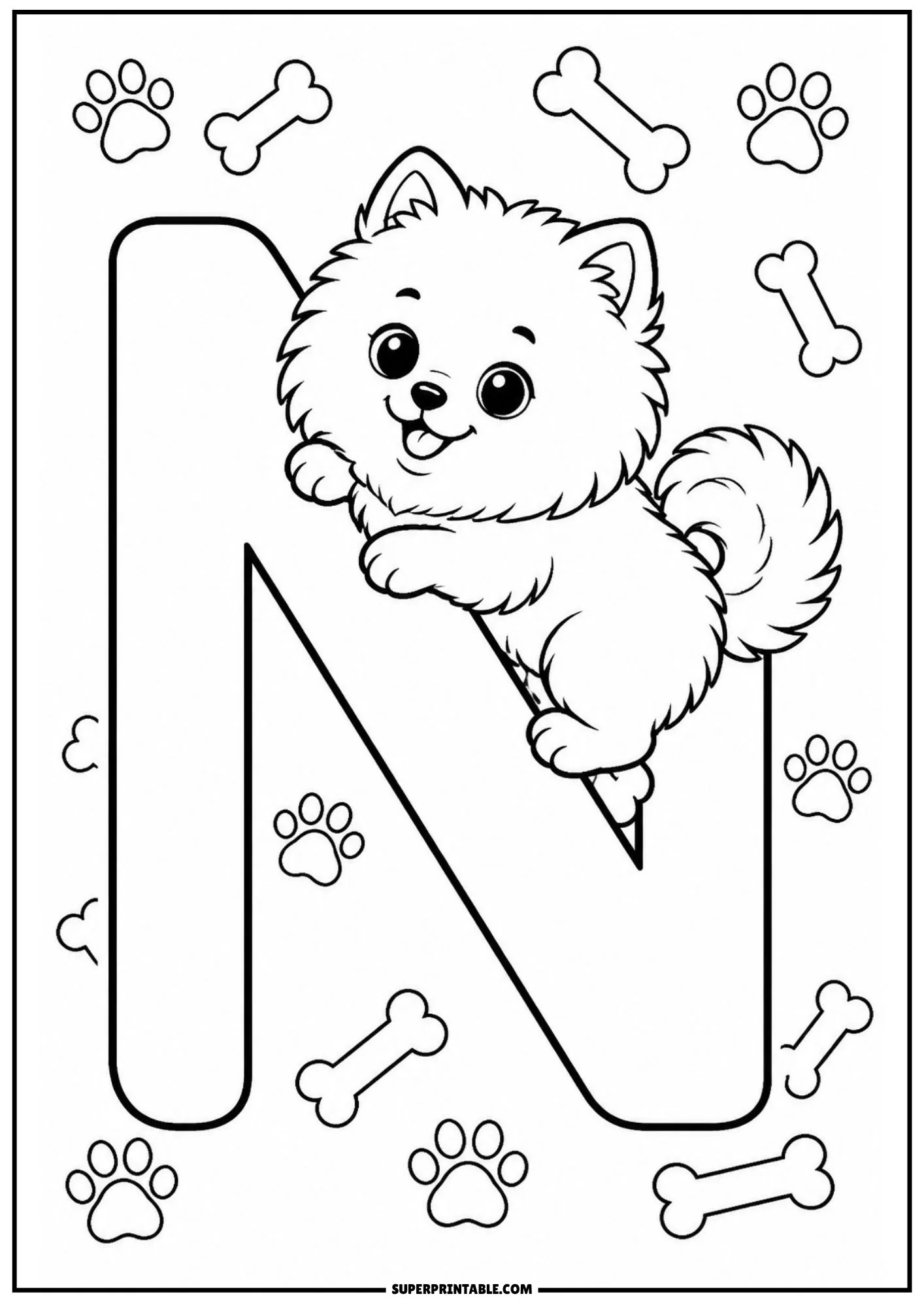 Fluffy Pomeranian climbing up the diagonal beam of a giant letter N.