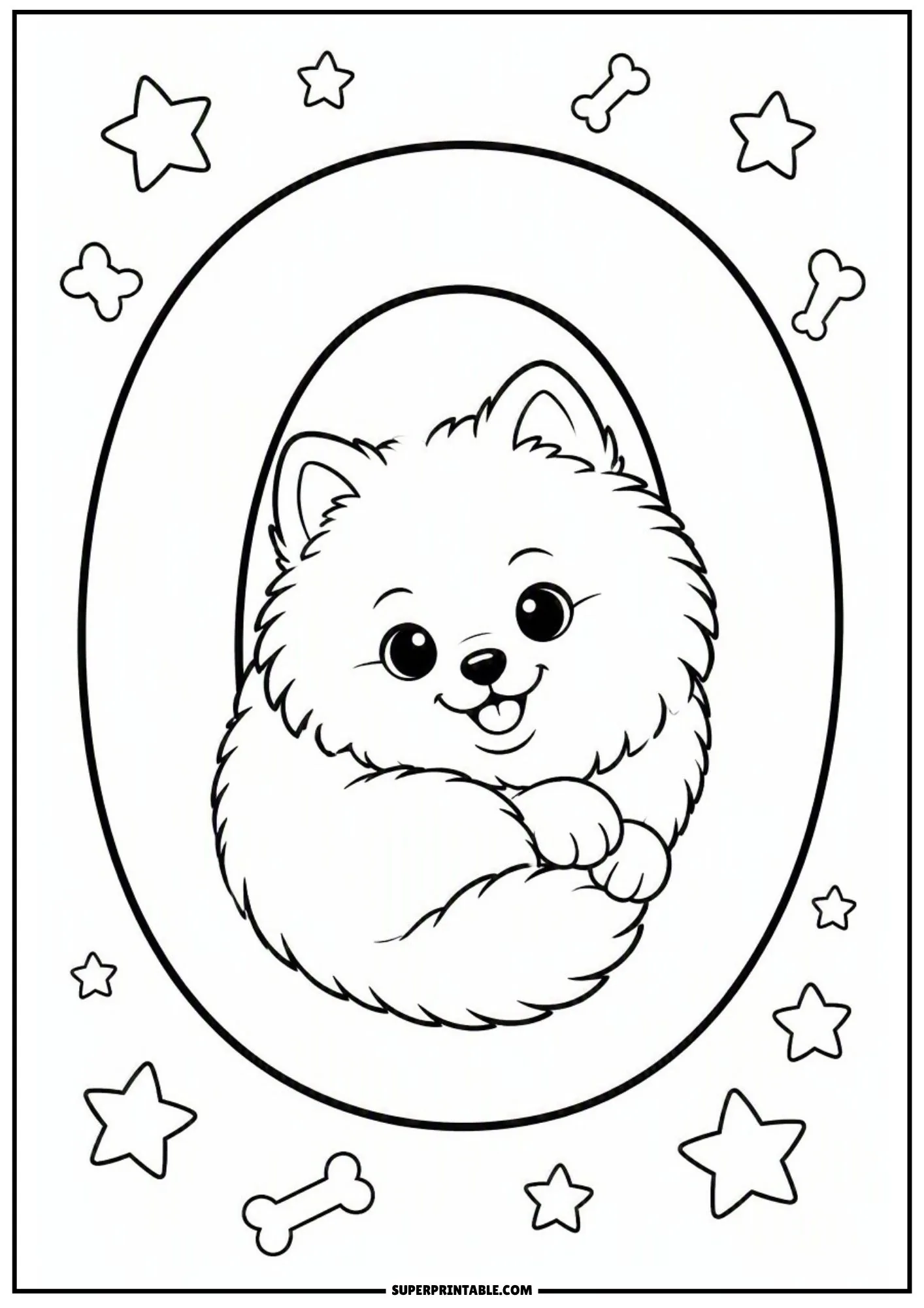 Pomeranian dog sitting inside a large circular letter O coloring sheet.