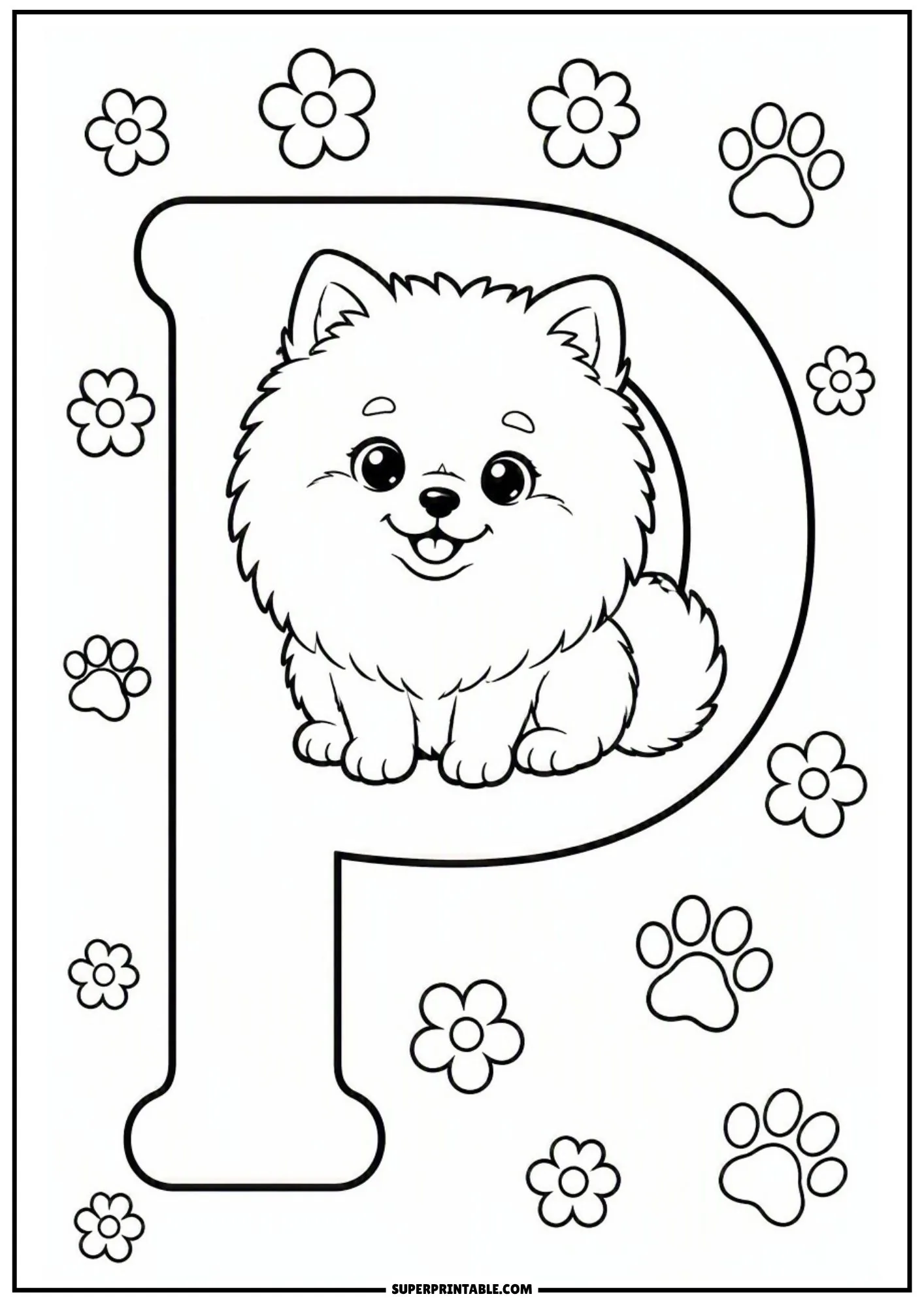 Pomeranian alphabet coloring pages featuring letter P with a sweet dog.