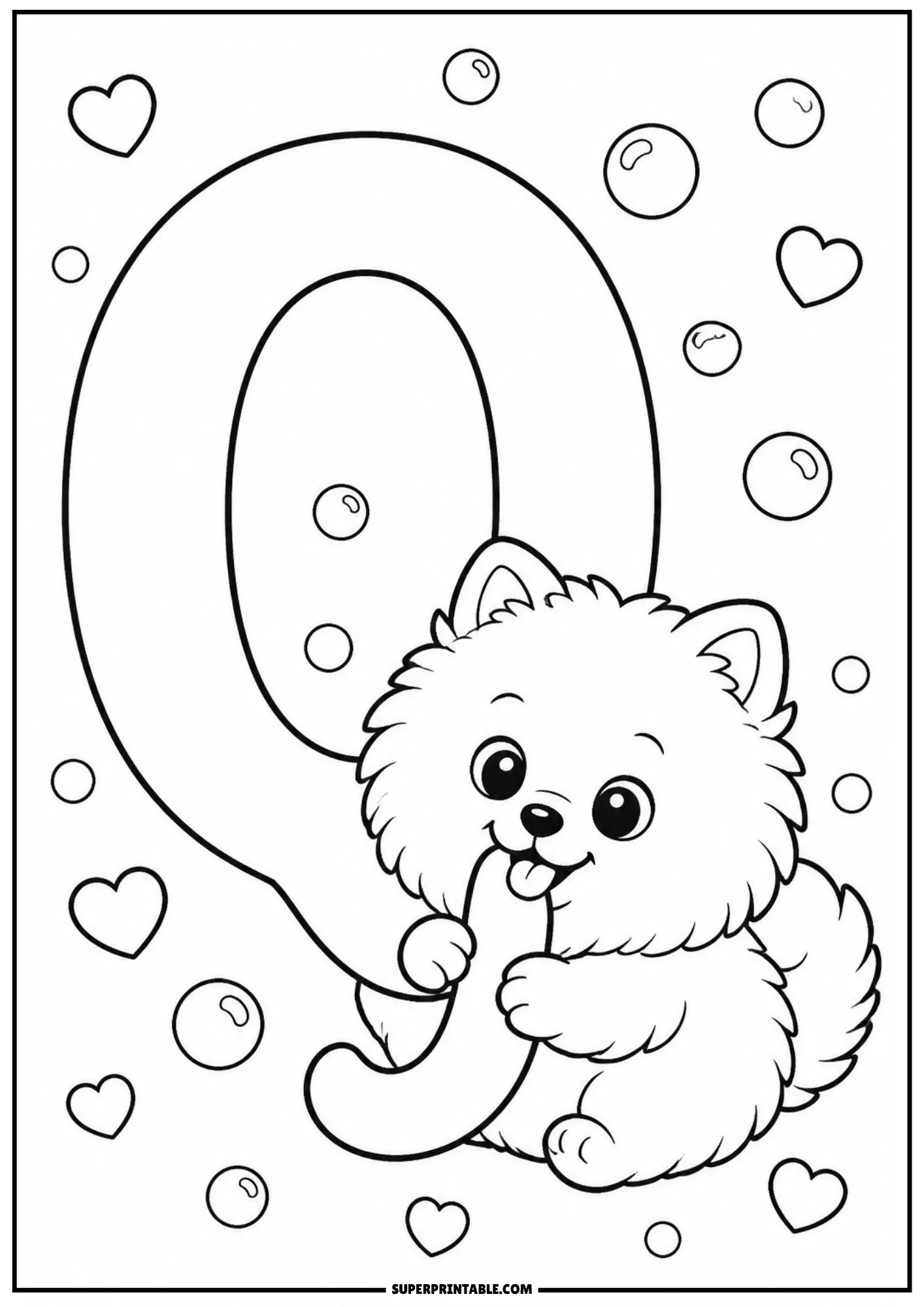 Cheerful Pomeranian biting the tail of letter Q line art drawing.