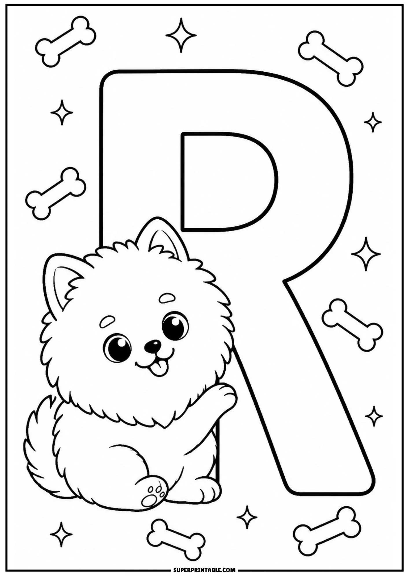Pomeranian puppy sitting next to capital letter R waving its paw.