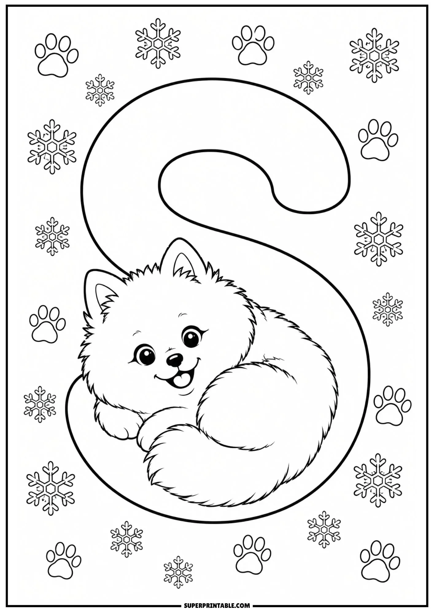 Fluffy Pomeranian curled up inside the bottom loop of letter S.