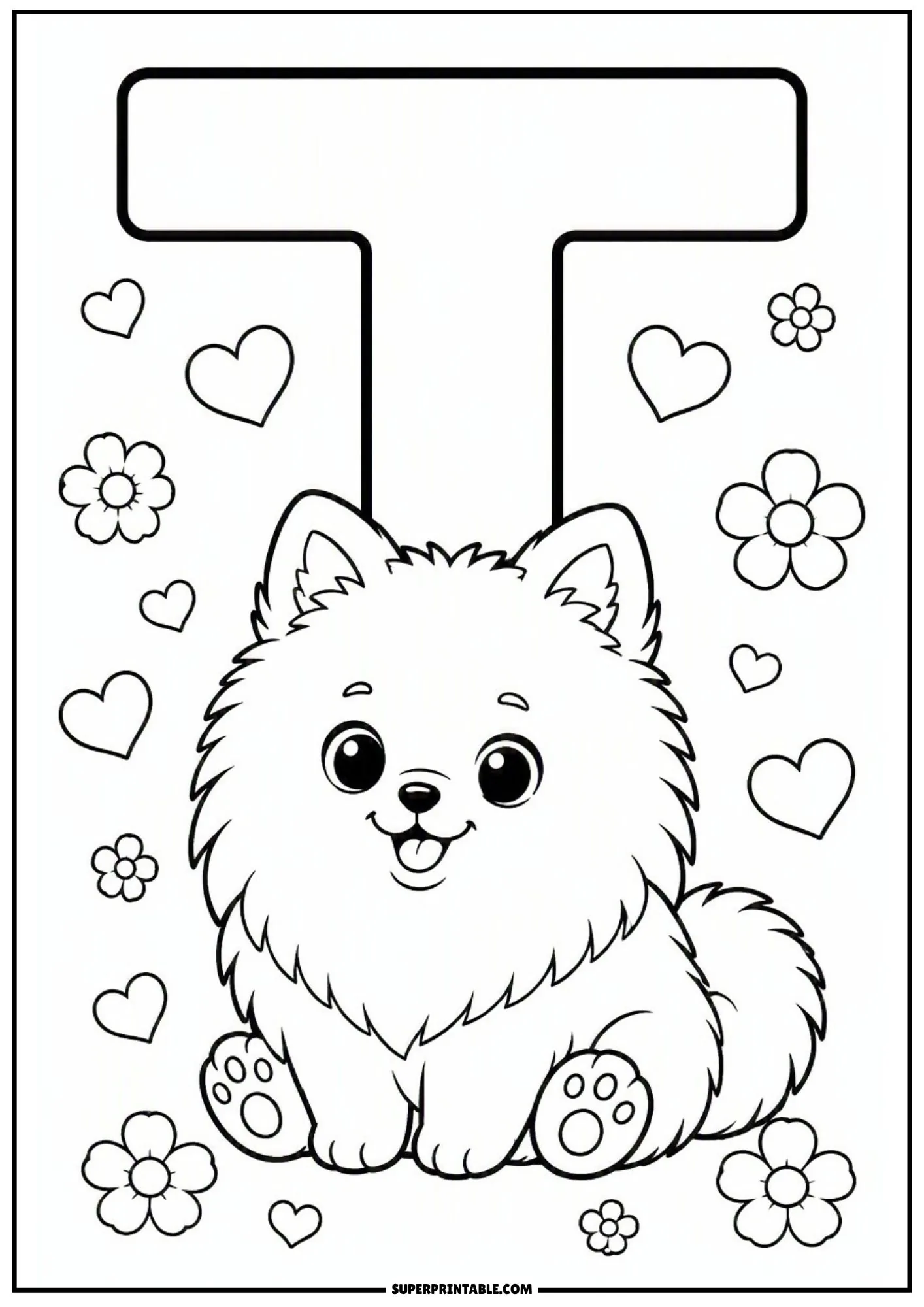 Pomeranian dog sitting under the crossbar of a large letter T.