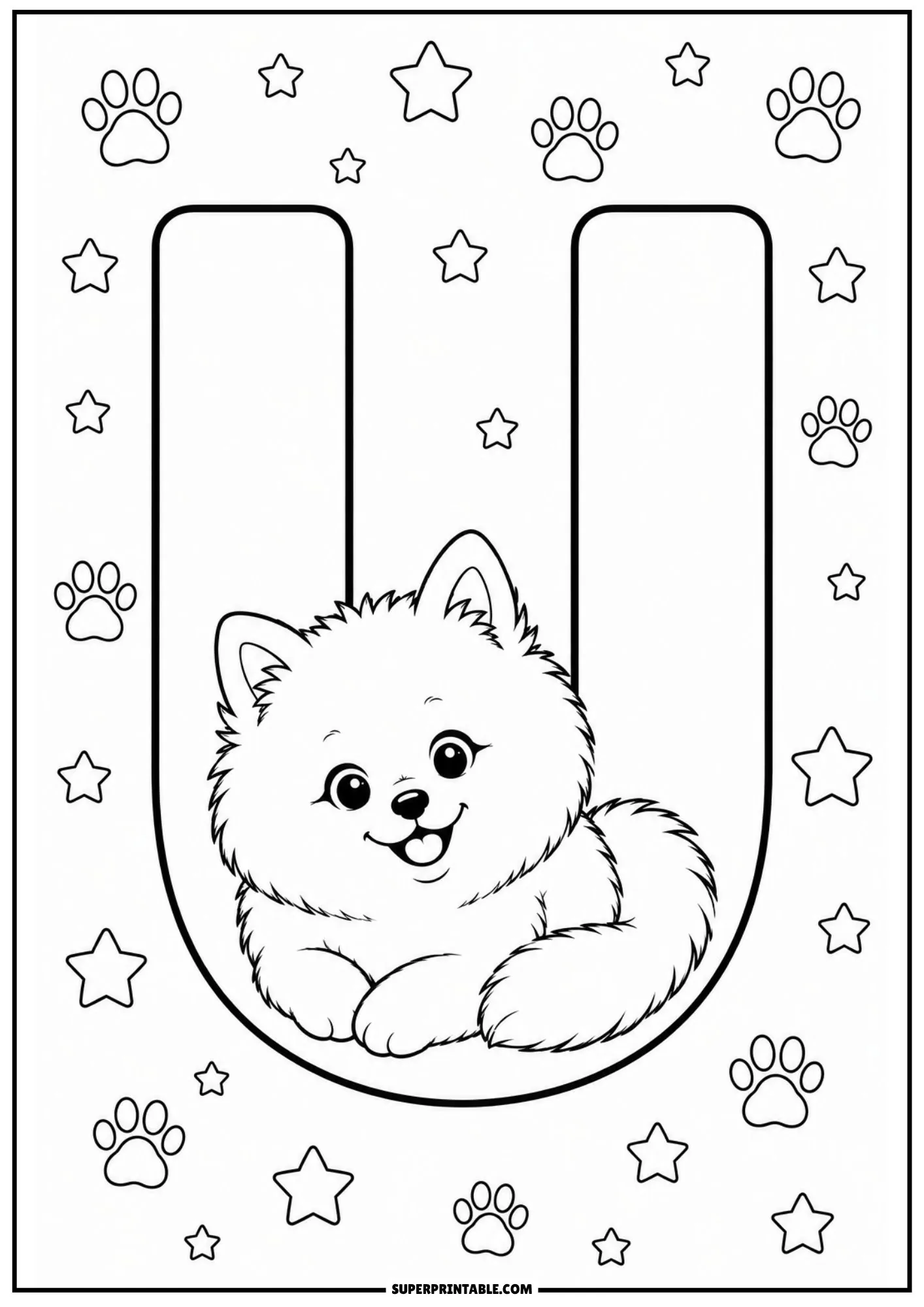 Pomeranian puppy lying down comfortably inside letter U line art.