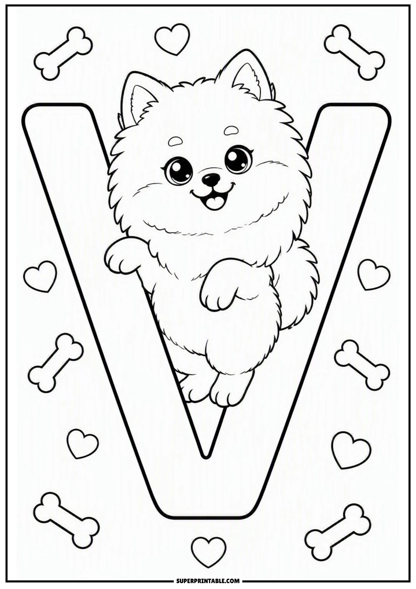 Fluffy Pomeranian standing in the center of letter V outline drawing.