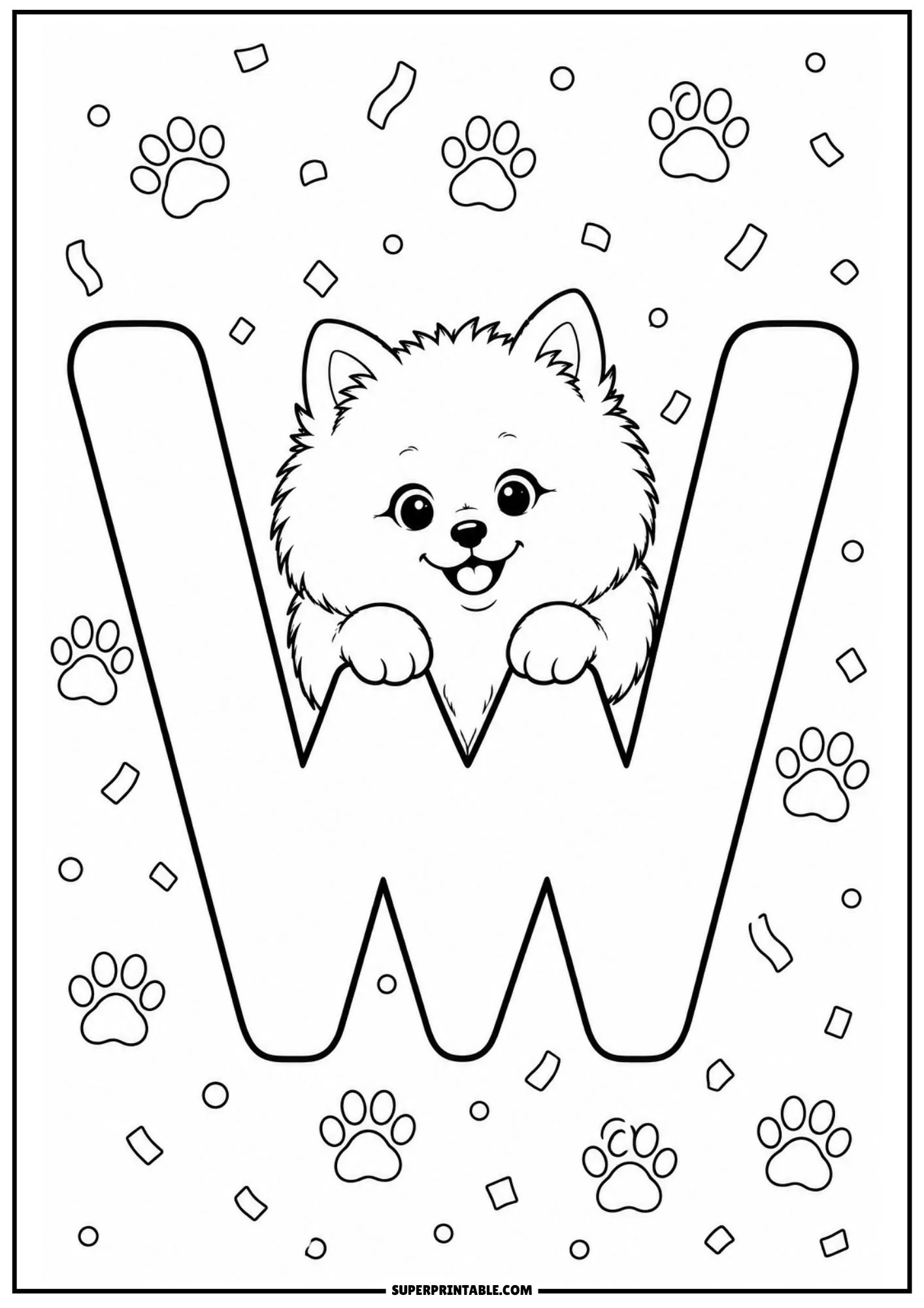 Pomeranian peeking over the middle peak of a large letter W drawing.