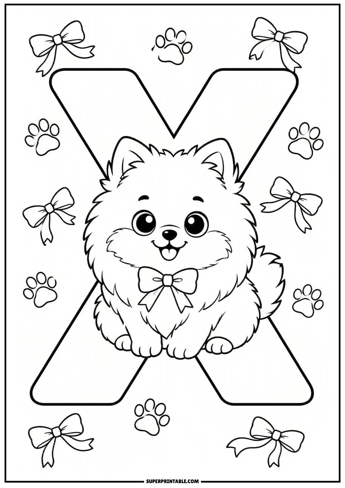 Pomeranian wearing a bow tie sitting at the center of letter X.