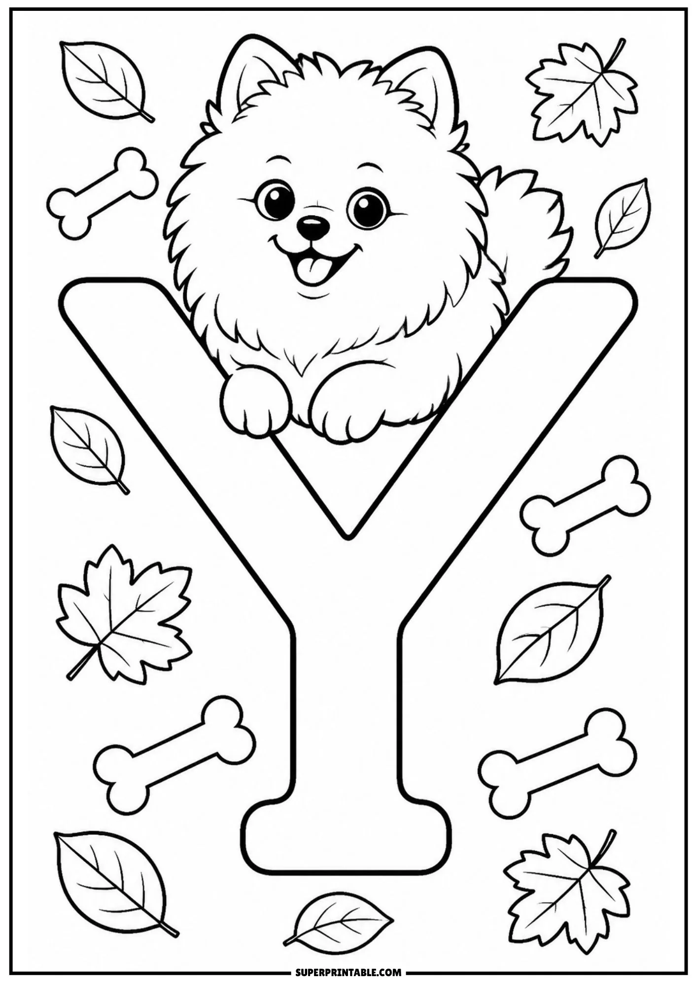 Pomeranian sitting between the branches of letter Y with leaves.