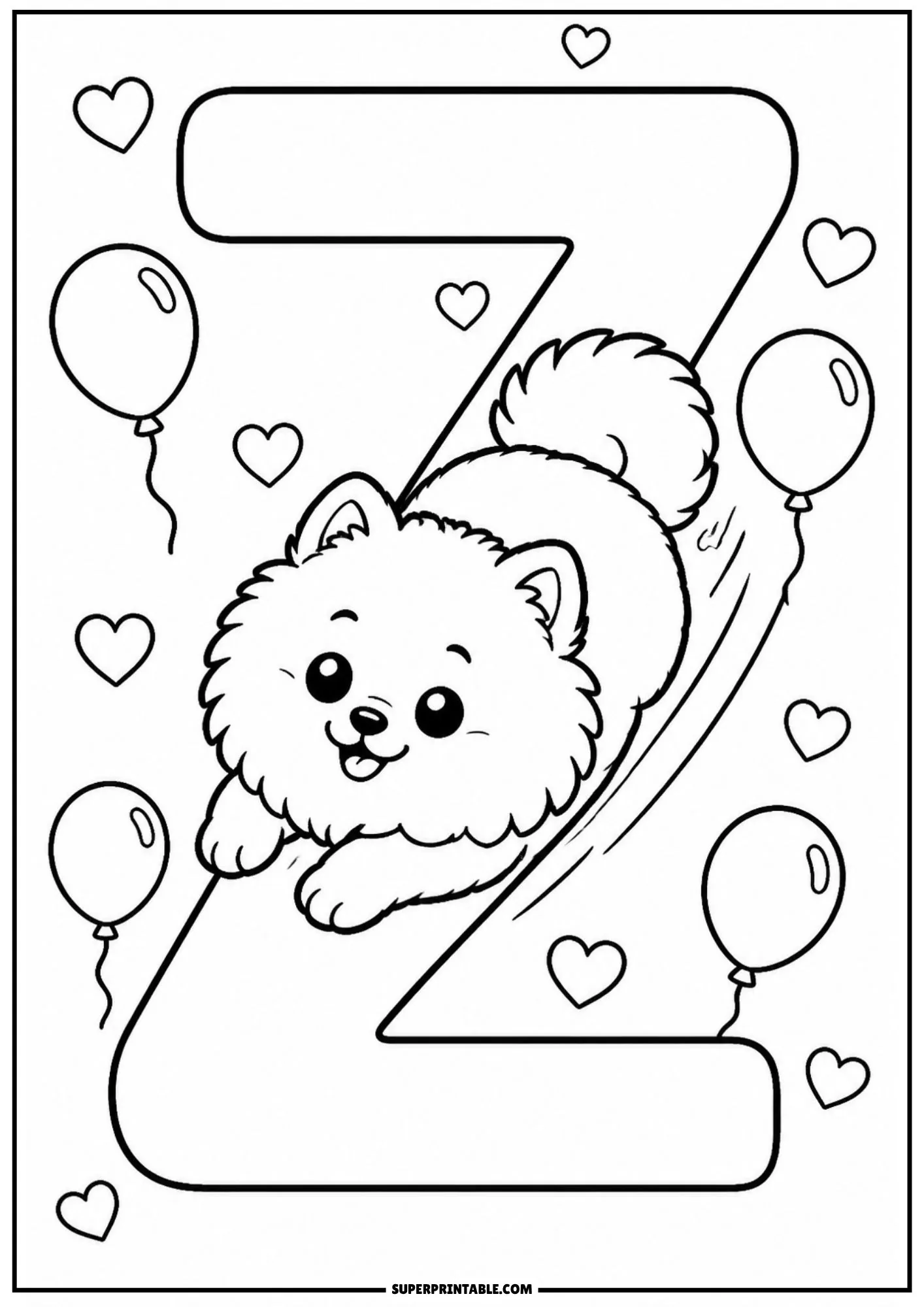 Playful Pomeranian sliding down the diagonal stroke of letter Z.