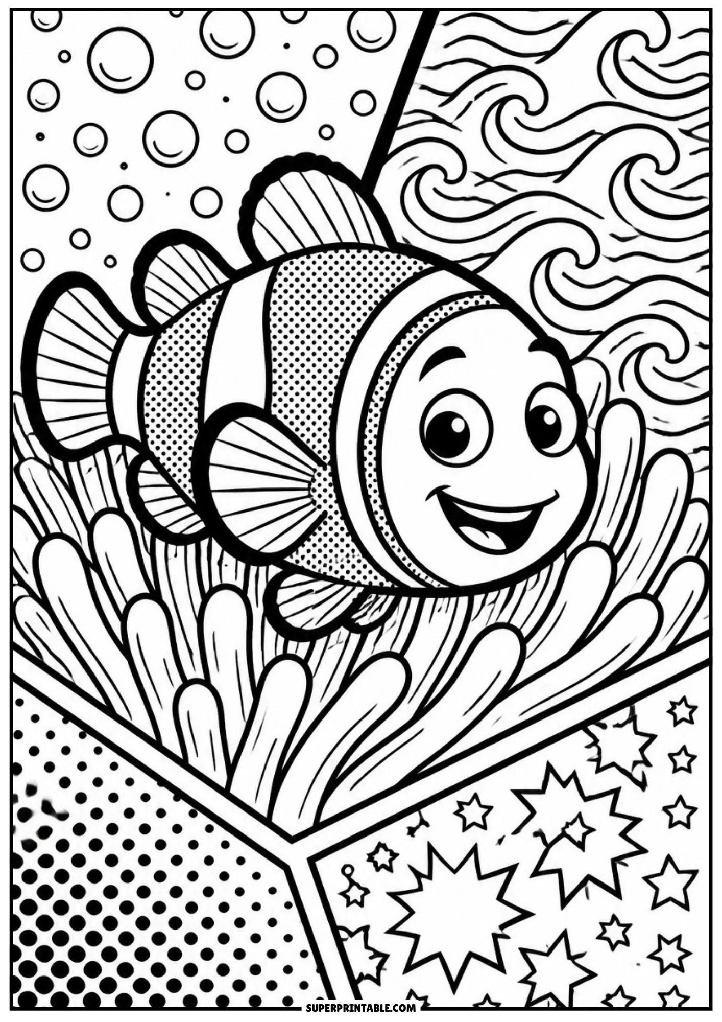 Happy clownfish swimming inside sea anemone tentacles against comic dot patterns and stars.