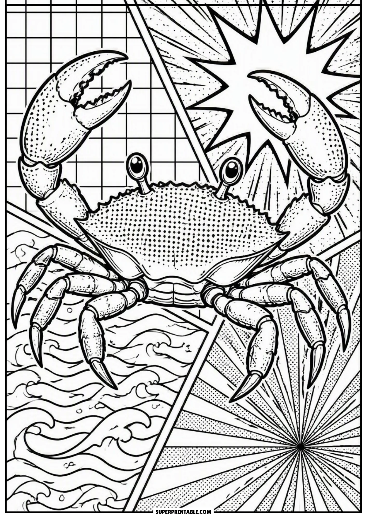 Crab raising large claws on a comic backdrop featuring grid lines, sunbursts, and sea waves.