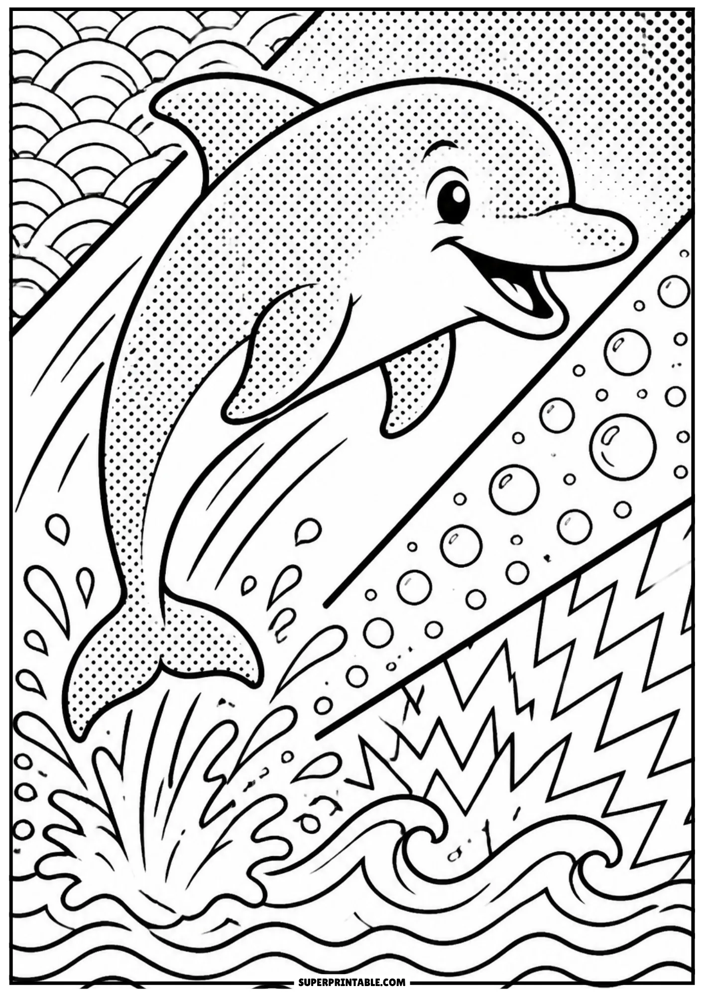 pop art ocean animals coloring page featuring a dolphin leaping through water splash with halftone dots