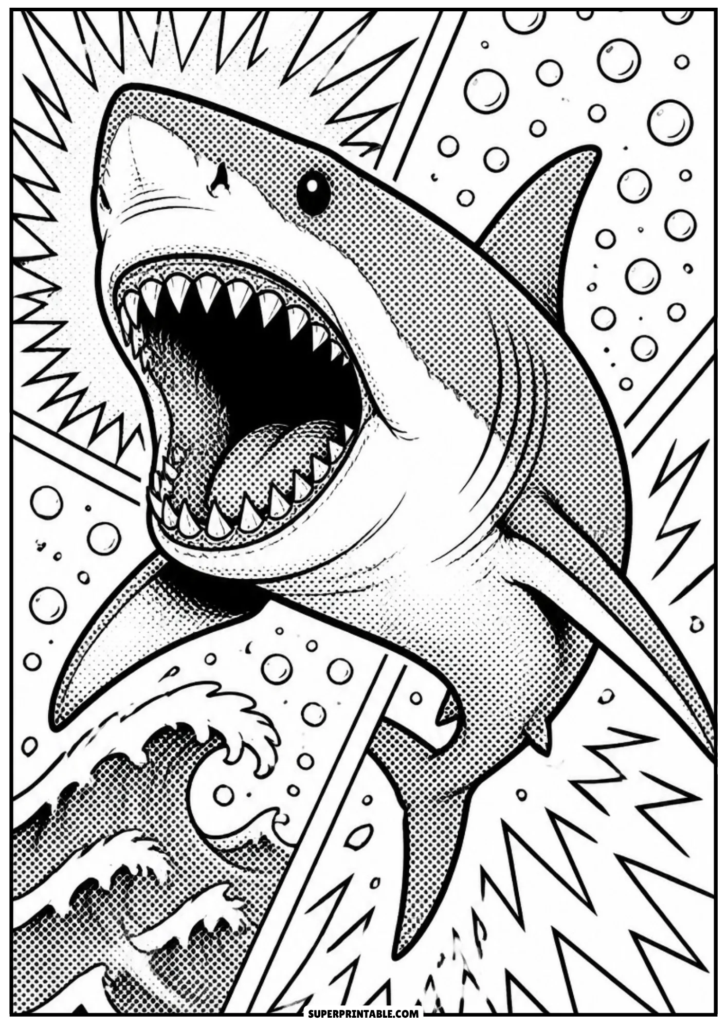 Great white shark coloring page bursting open-mouthed out of wave panels with comic action lines.