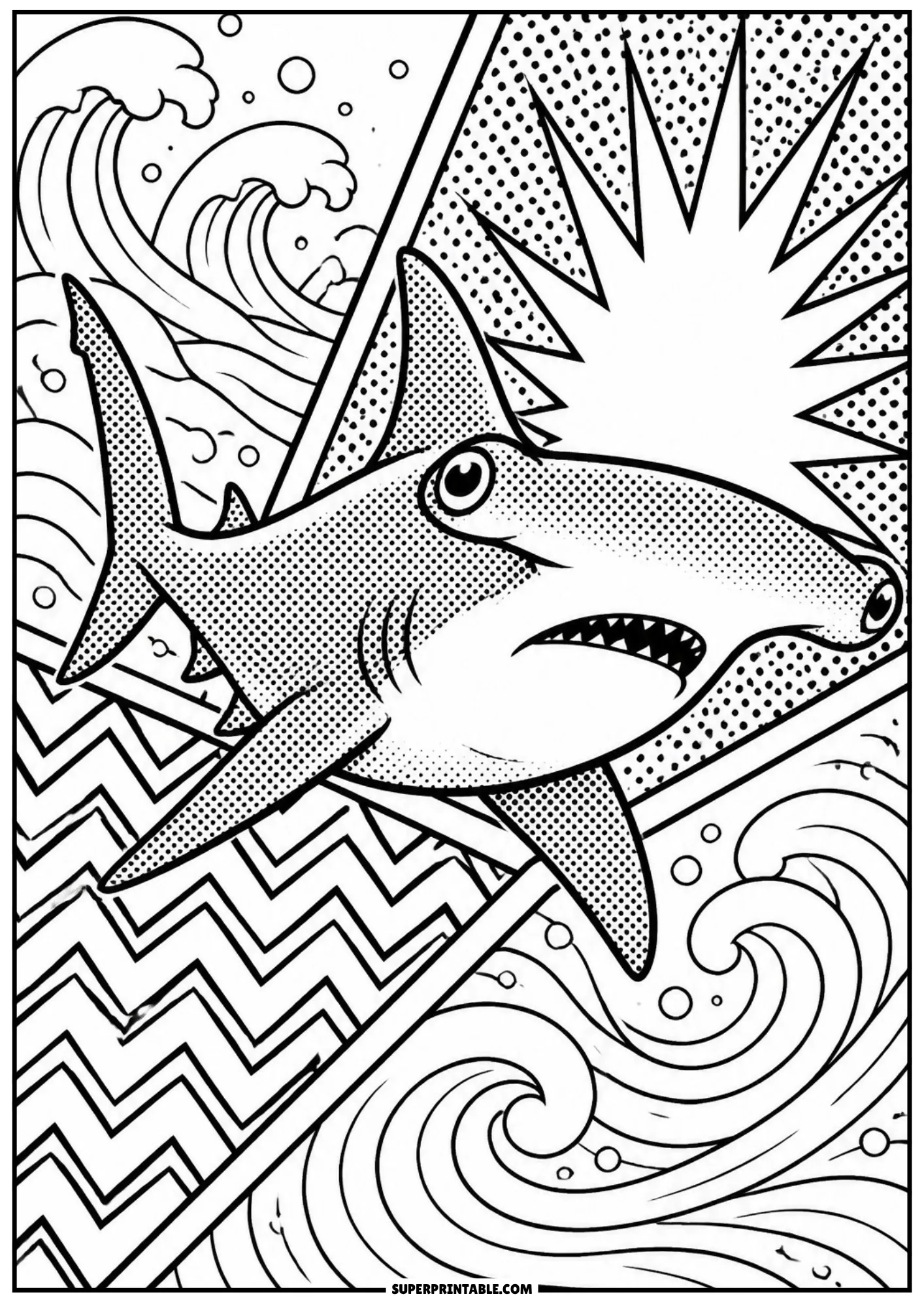 Hammerhead shark swimming past pop art panels featuring waves, chevrons, and sunburst rays.