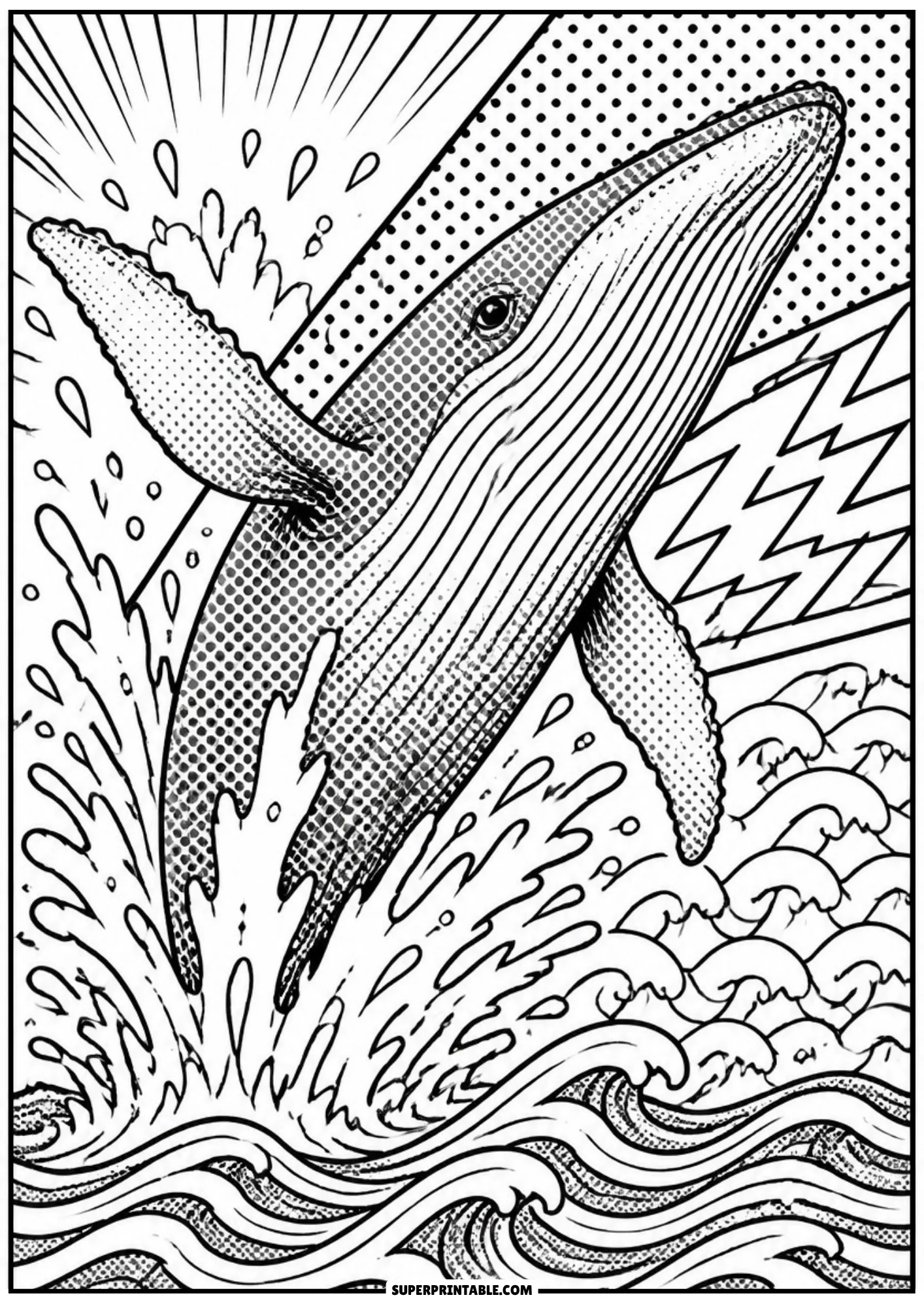 Majestic humpback whale breaching out of ocean waves framed by pop art lightning lines and dots.