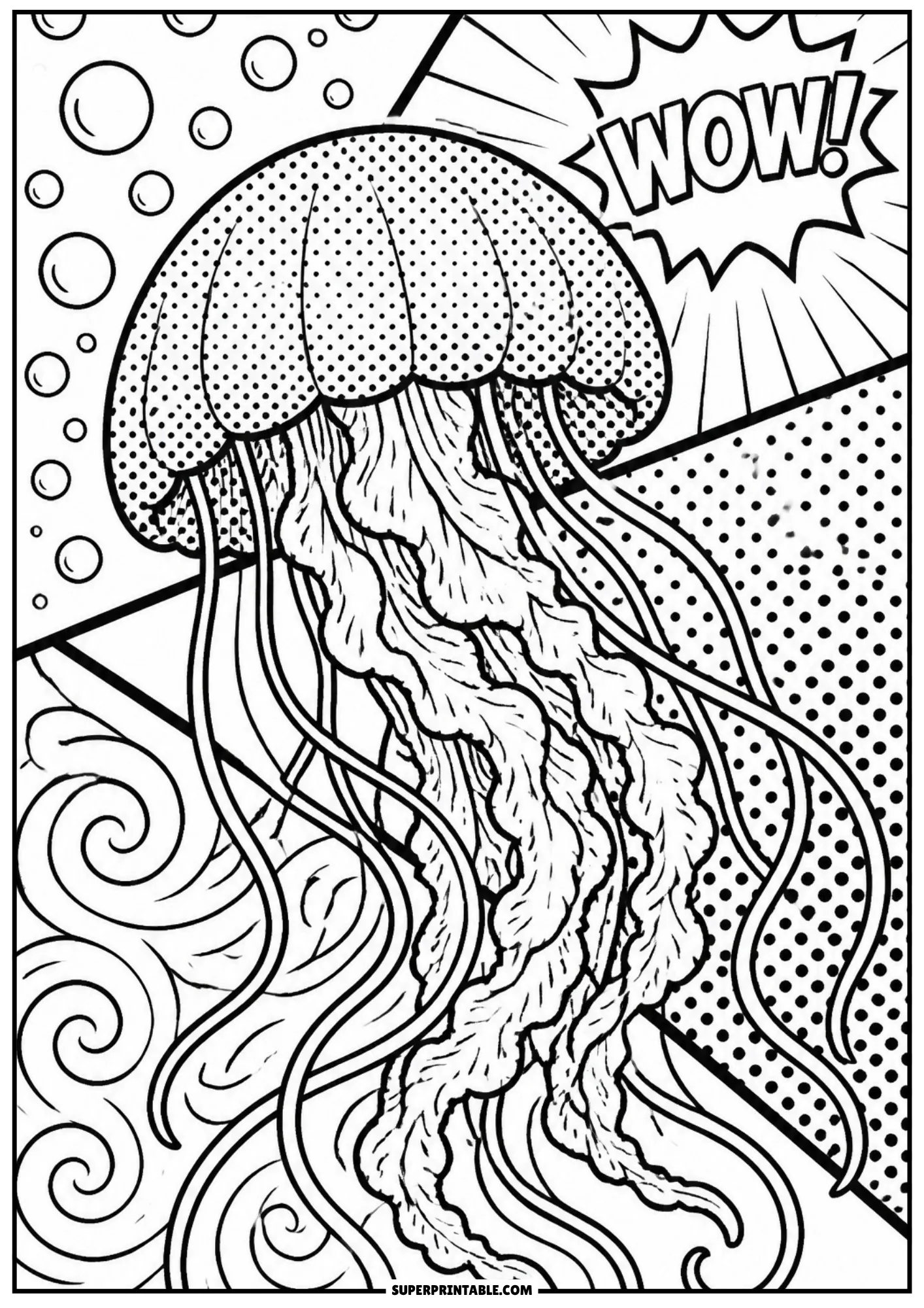 Jellyfish floating with long trailing tentacles next to a pop art WOW text speech bubble.