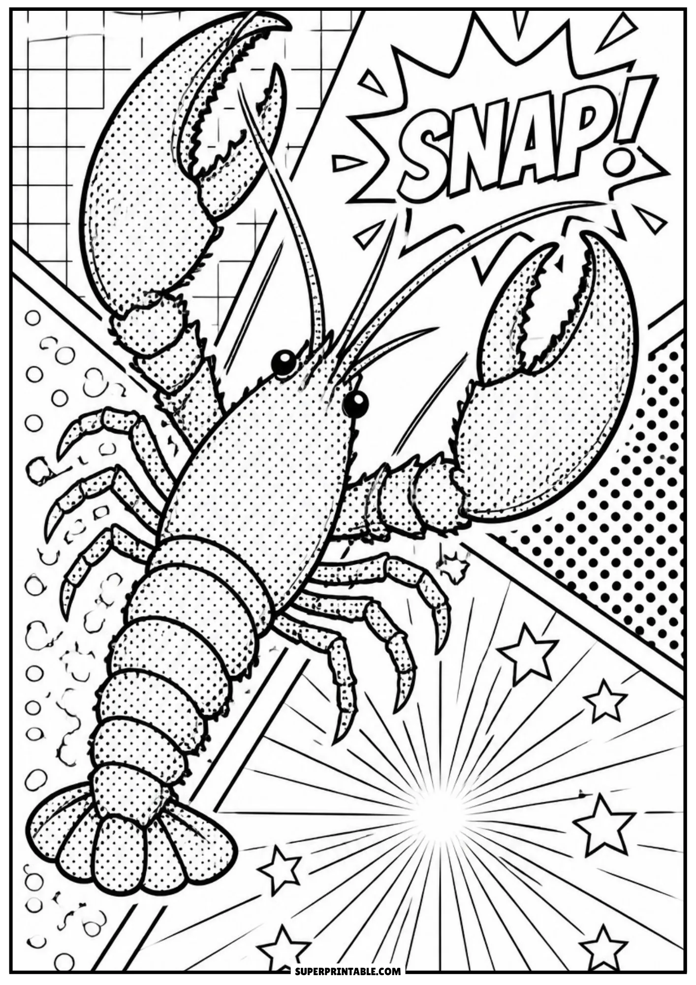 Detailed lobster raising pincers alongside a pop art SNAP text burst and star pattern.