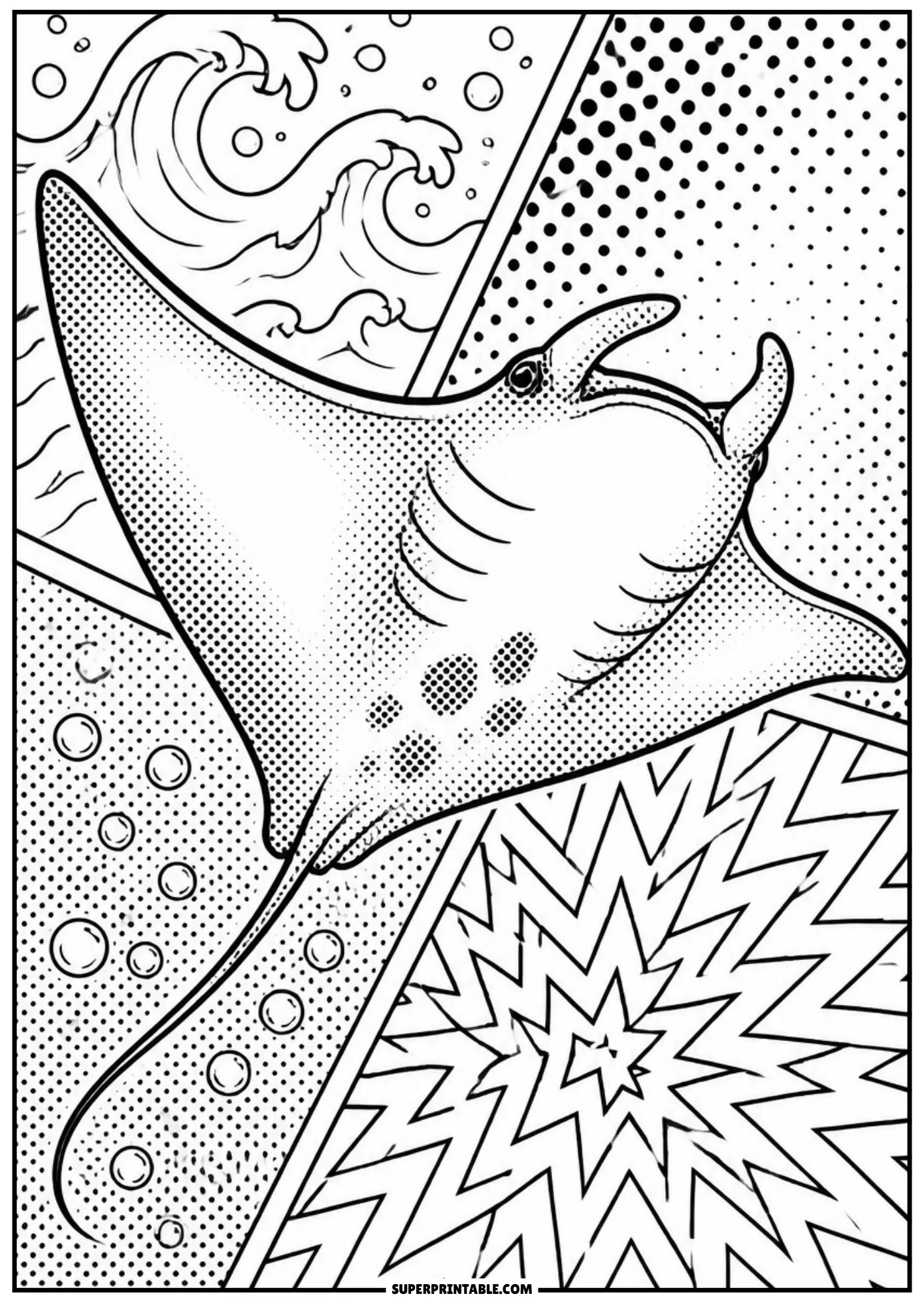 Manta ray swimming upward against ocean wave swirls, bubble lines, and pop art starbursts.