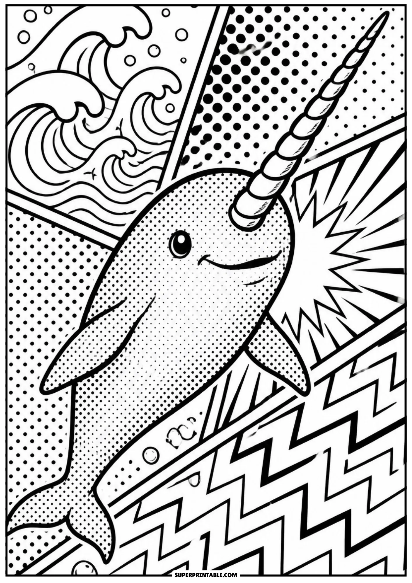 Smiling narwhal with long spiral tusk swimming through pop art chevron and wave panels.