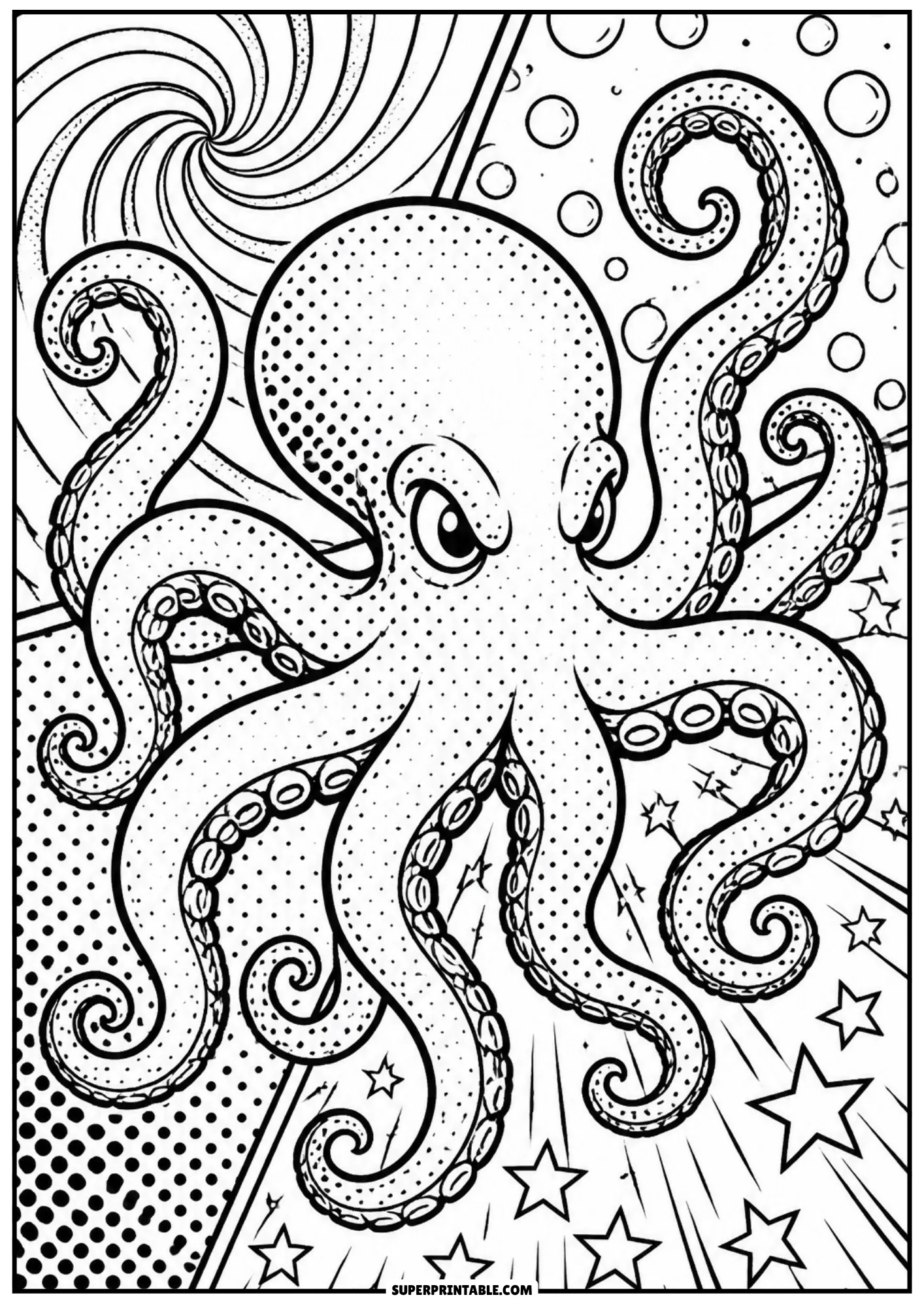 Detailed octopus coloring sheet with curved tentacles, spiral backgrounds, and pop art starbursts.
