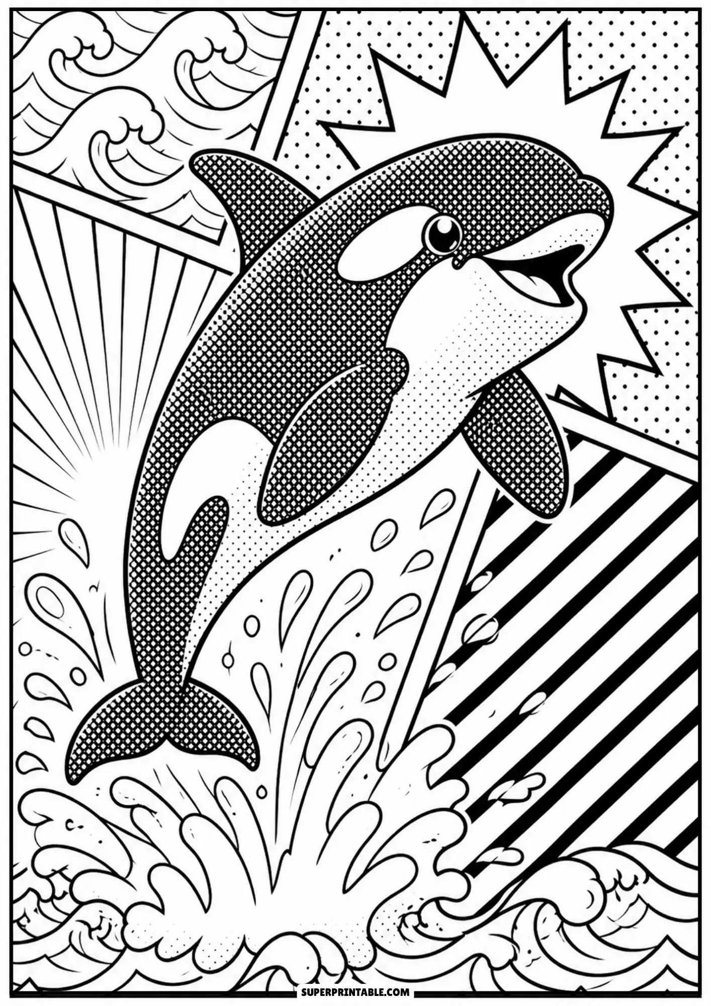 Orca killer whale leaping from sea splash framed by pop art sunburst rays and dot grids.