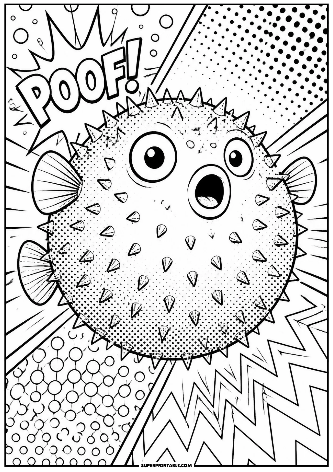 Puffed up spiky pufferfish next to a comic POOF text burst and action line panels.