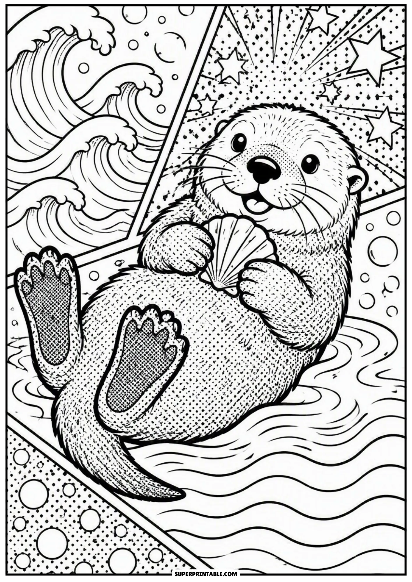 Cute sea otter floating on back holding seashell surrounded by pop art wave and star panels.