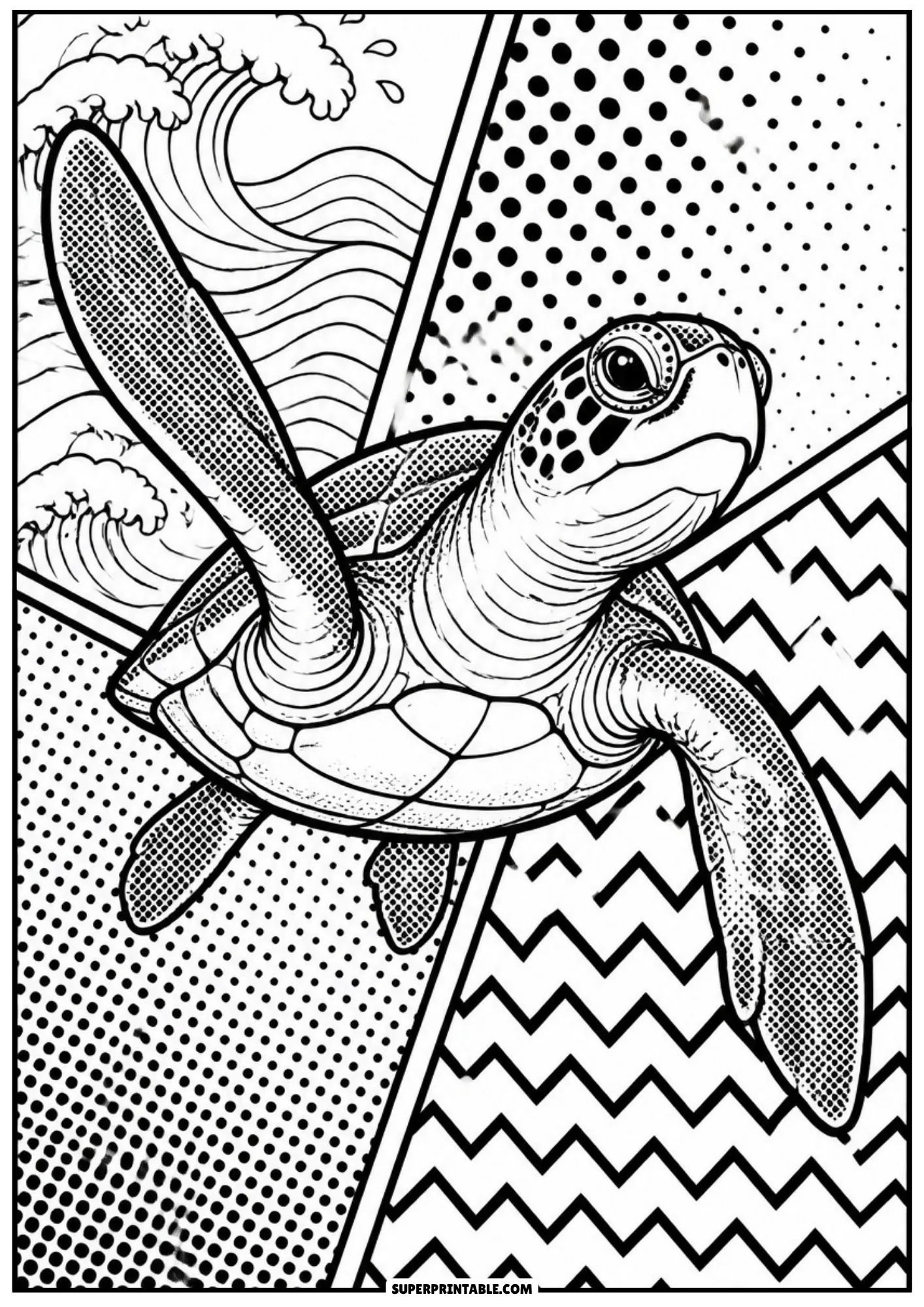 Sea turtle swimming upward through comic book panels with halftone shading and wave patterns.