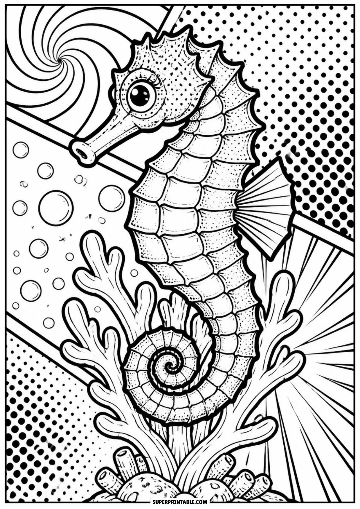Intricate seahorse perched on coral branches in a pop art frame with spiral lines and bubbles.