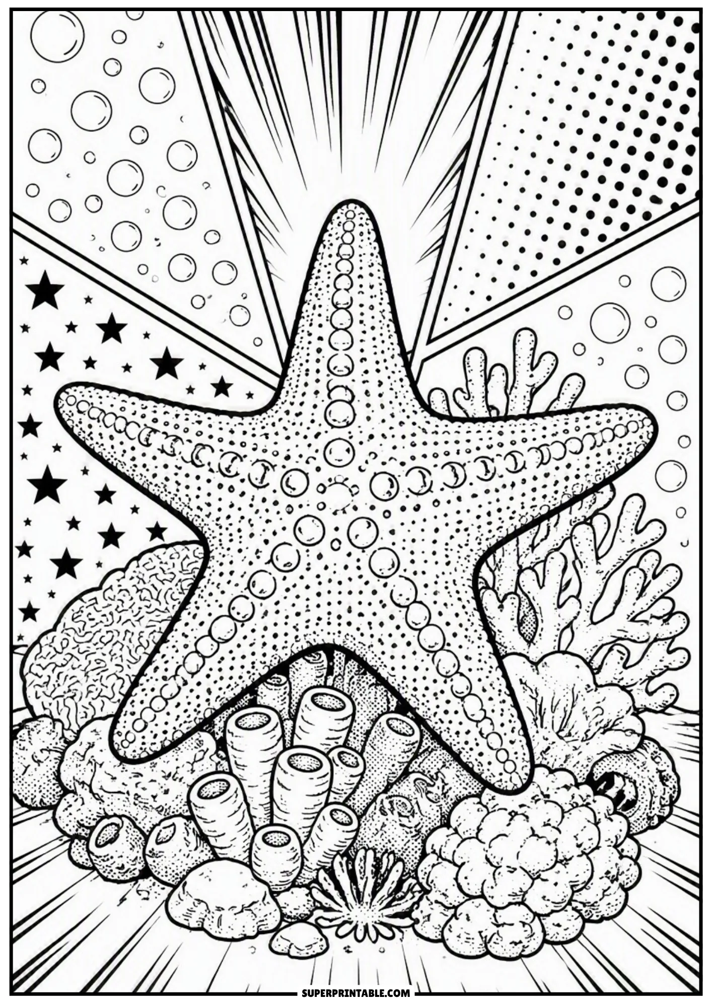 Five-pointed starfish resting on coral reef background with comic star pattern and speed rays.