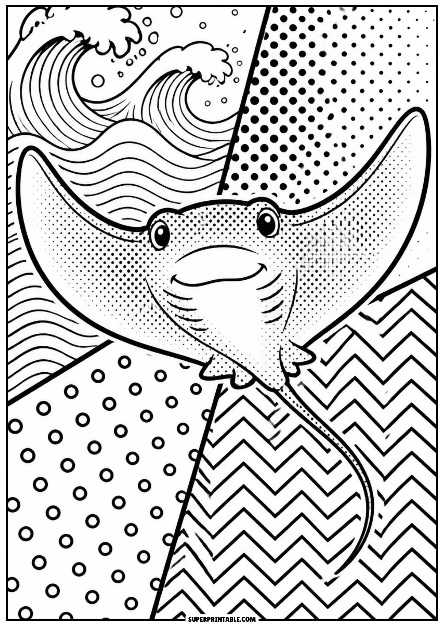 Stingray swimming gracefully across pop art panels filled with polka dots, waves, and chevrons.