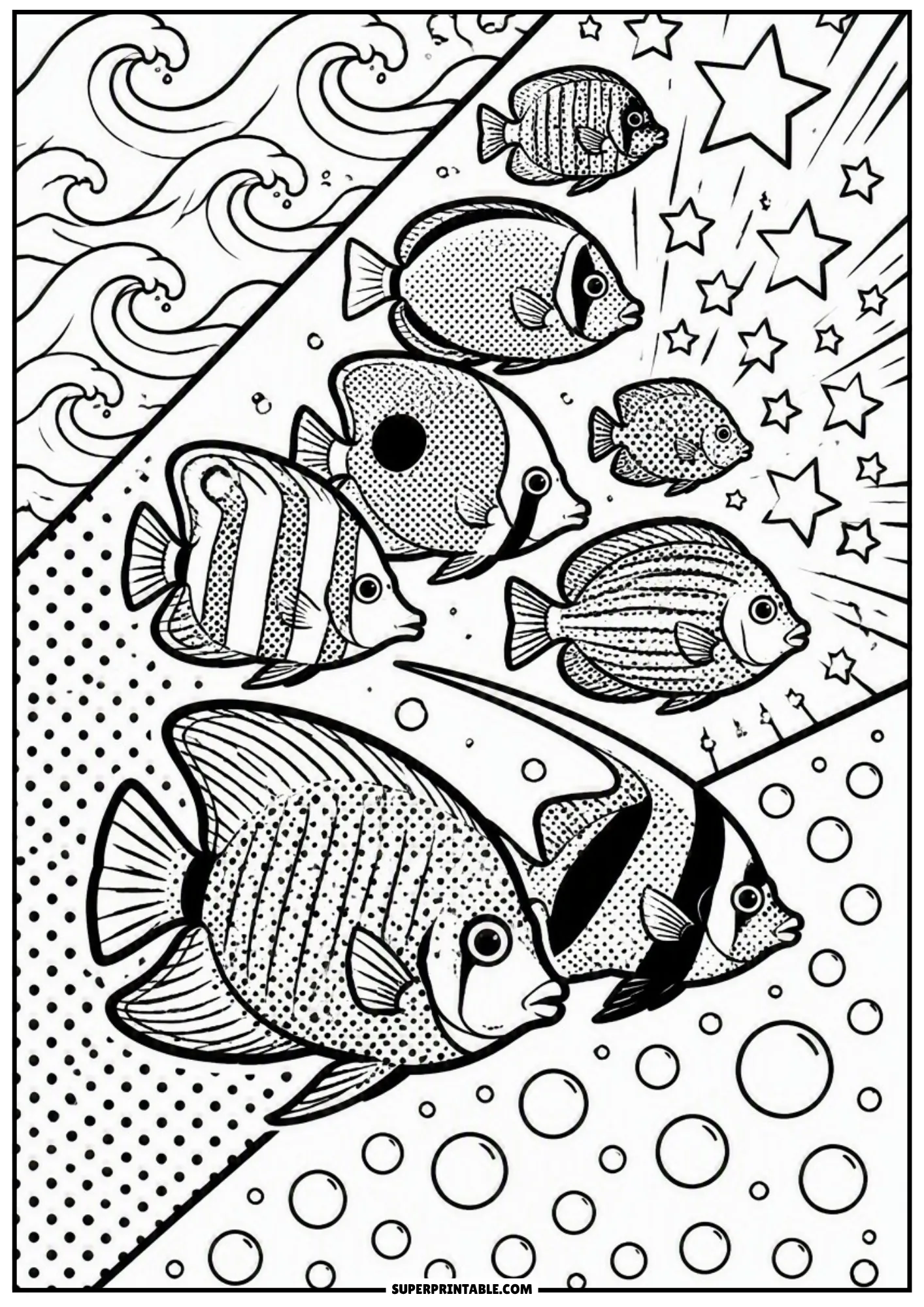 School of seven tropical fish swimming together surrounded by pop art stars and bubble panels.