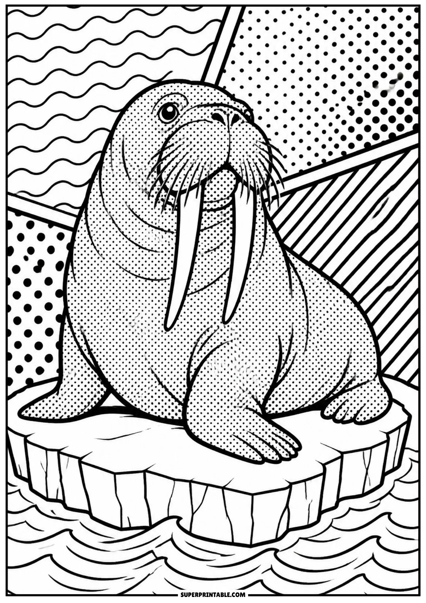 Walrus with long tusks sitting on ice floe framed by wavy lines and halftone dot panels.