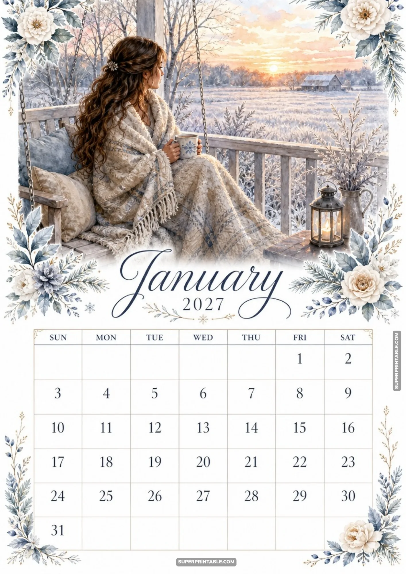 A woman wrapped in a warm blanket sits on a wooden porch swing holding a hot mug during a winter sunset