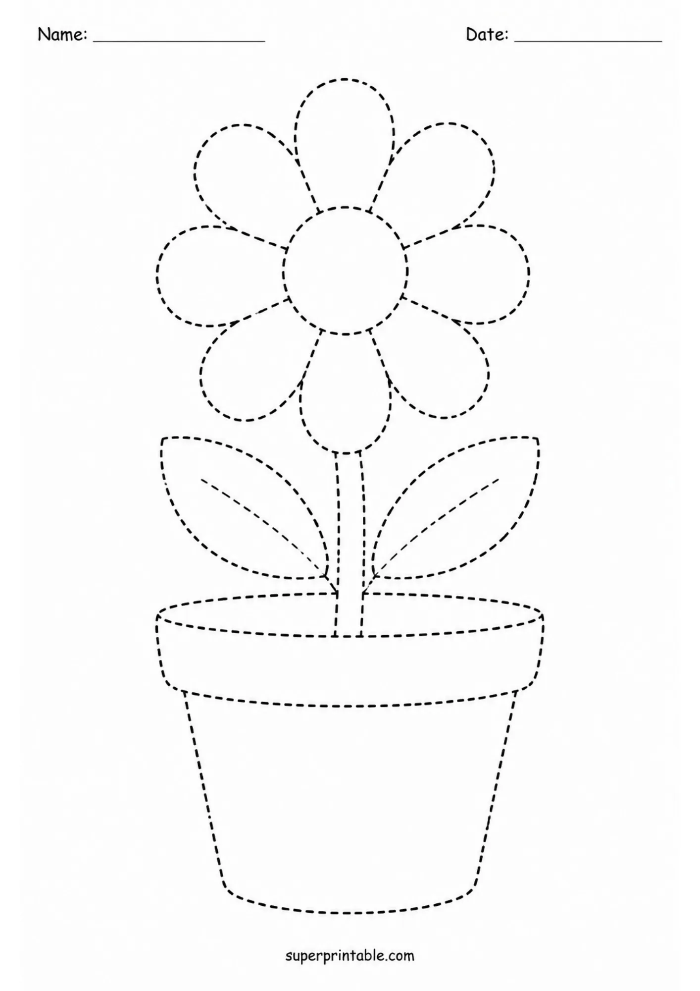Simple dotted line flower pot worksheet for preschoolers learning line tracing and basic gardening themes.