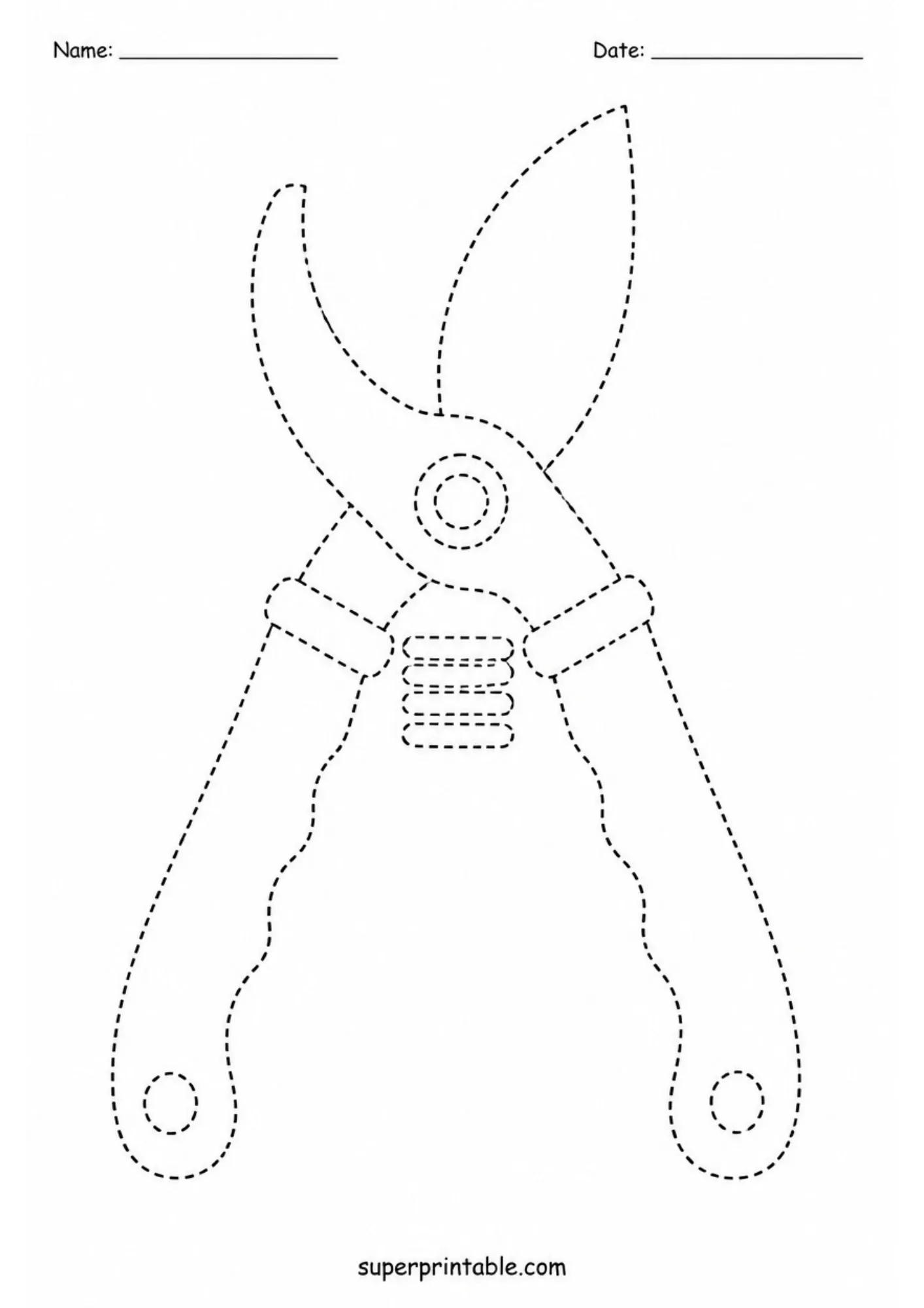 Pruning shears tracing sheet featuring dotted outlines of garden secateurs for fine motor skill development.