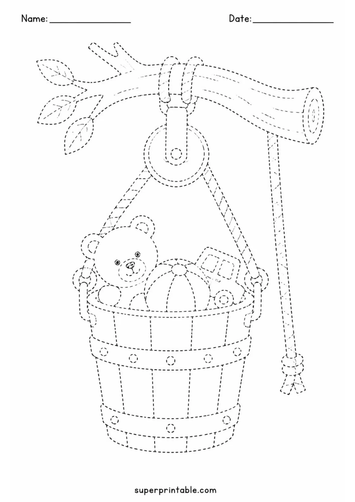 Treehouse pulley bucket tracing sheet filled with a teddy bear, toy car, and ball.