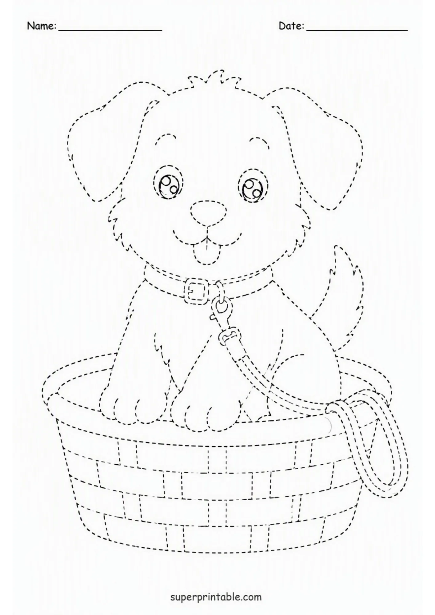 Tracing worksheet featuring a cute puppy sitting inside a woven basket with a dog leash.