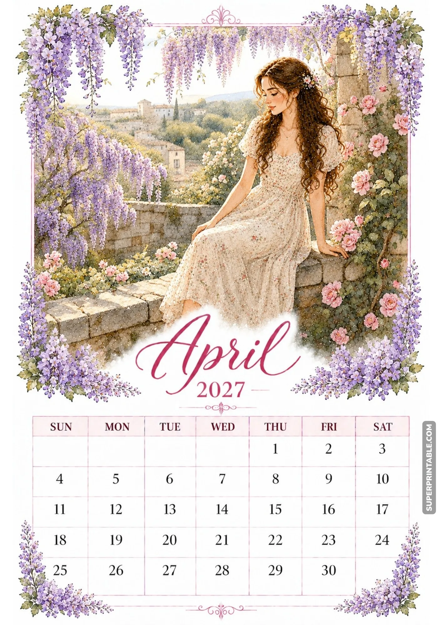 Woman sitting peacefully on a stone balcony wall framed by hanging wisteria and climbing roses.