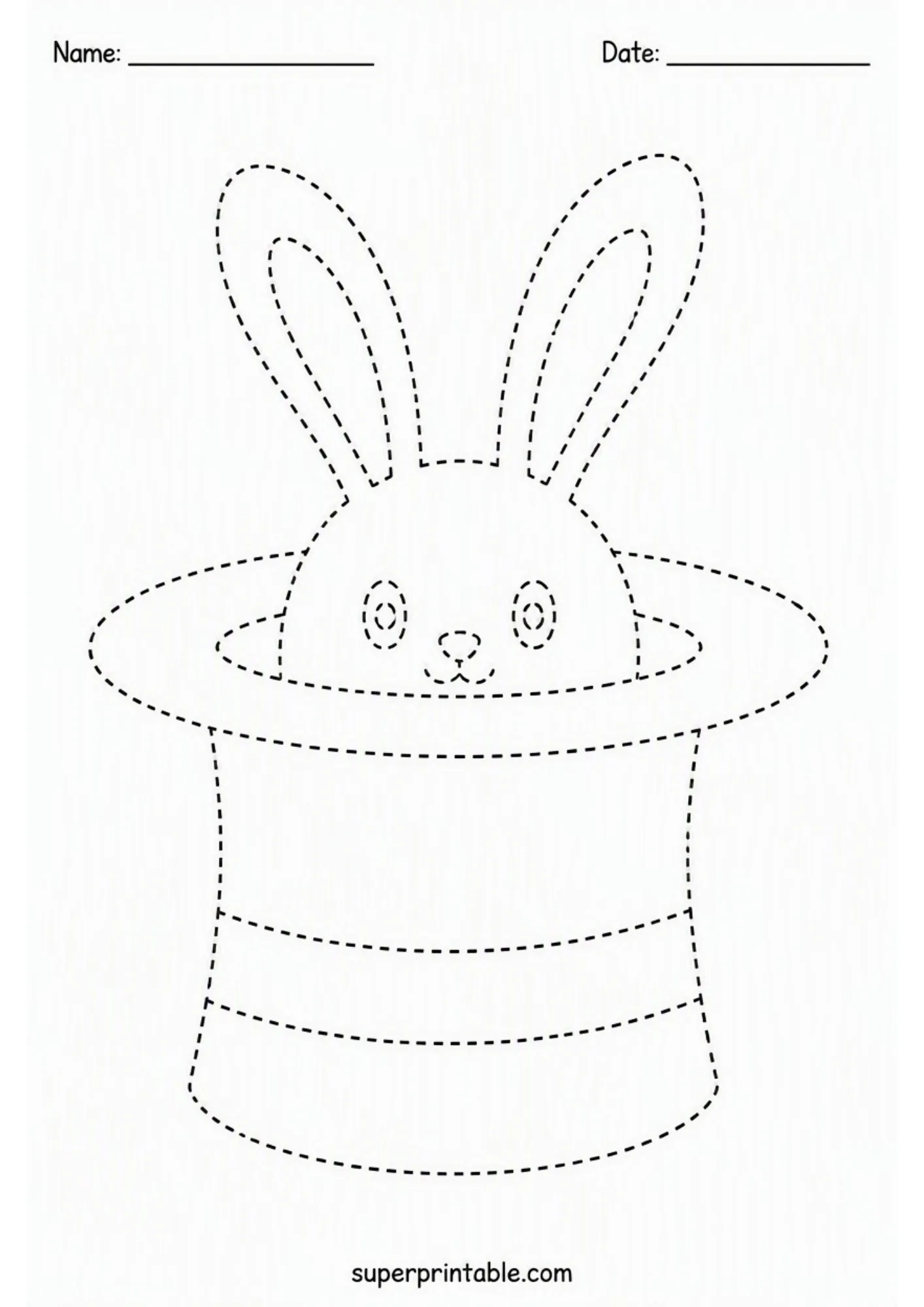 Tracing worksheet of a cute rabbit peeking out from inside a magician top hat.