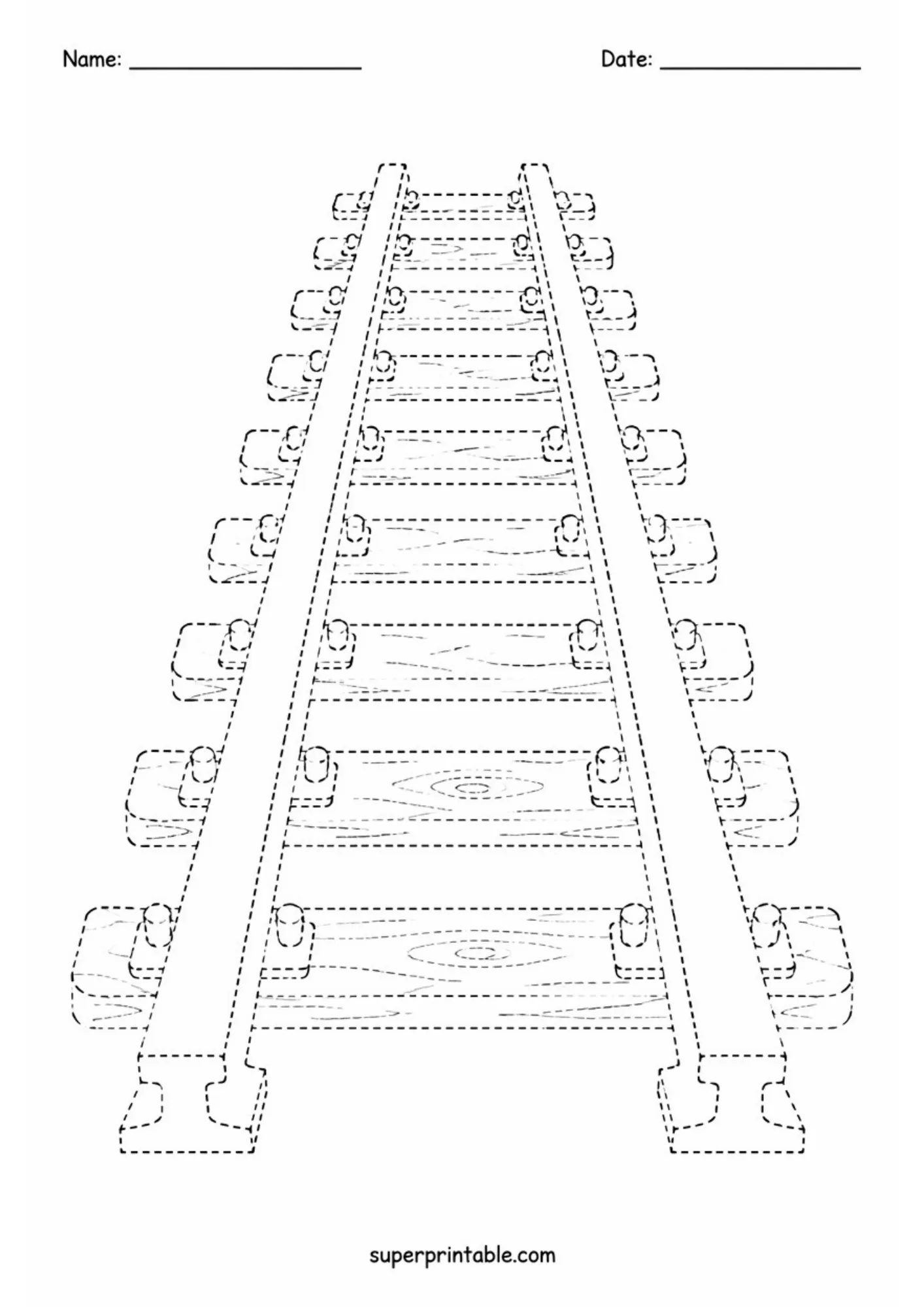 Detailed railroad track line tracing page for preschool motor skill development.