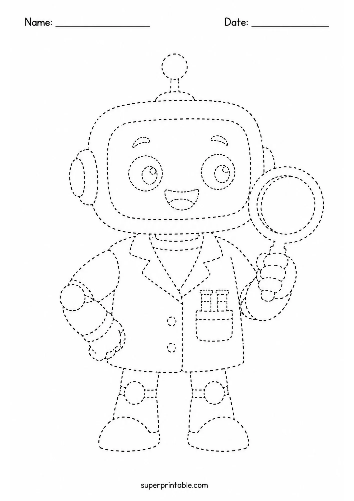 Science lab activity worksheets showing a friendly robot scientist holding a magnifying glass.